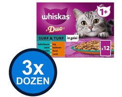 3x Whiskas - 1+ Pouch Adult Gelei Duo Surf & Turf Sel Multipack (12x85g) - Kattenvoer Natvoer - 1.02 kg