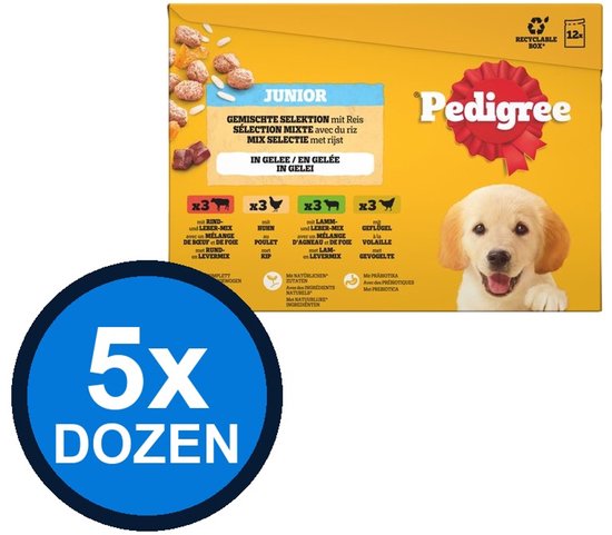 Pedigree Junior Gelei Mix Selection met rijst. Verpakking met een puppy, 3x rund/lever, 3x kip en 3x lam/lever smaken.