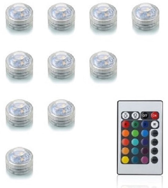 Tien waterdichte LED-lampjes en een afstandsbediening.