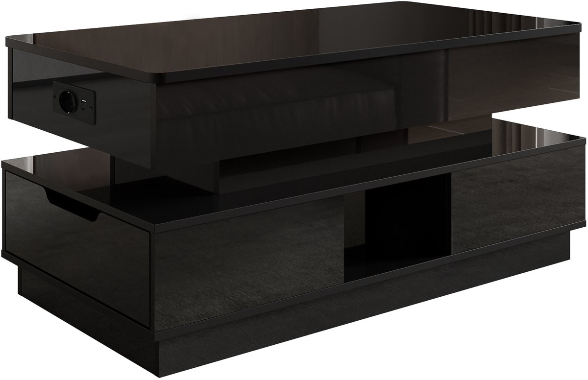 HAUSS SPOLE Salontafel - Hoogglans Met Verstelbaar Tafelblad En Led - Met Opbergruimte Voor Woonkamer - MDF - 90x48x42,5 Cm Zwart