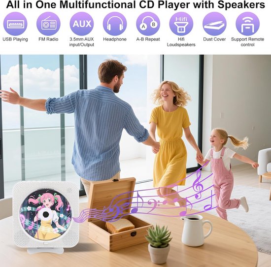 CD-speler met Radio Boombox - Upgrade Bluetooth CD-speler met stofkap en LED-scherm - 3,5 mm AUX-aansluiting met afstandsbediening Home audio FM-radio USB MP3 muziek speler (wit) — afbeelding 5