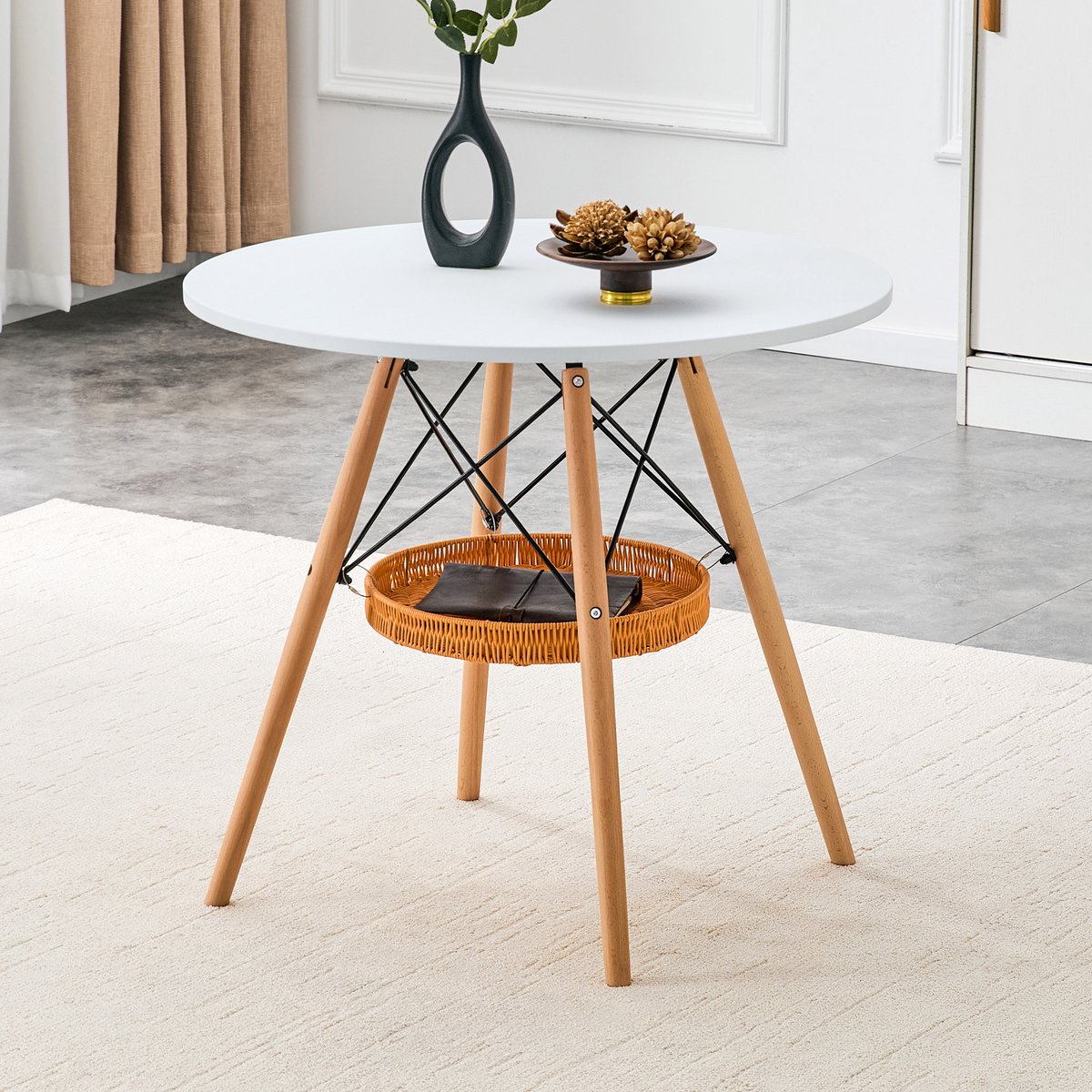 HAUSS SPOLE Eettafel - Ronde Tafel Met Opbergmand - Voor 2 Tot 4 Personen In Kleine Ruimtes - Hout En Wit - 80 Cm Wit, Houtkleur