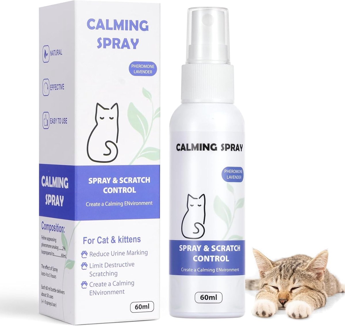 Verzachtende Spray voor Katten, Ontspannende Spray voor Stressvermindering, Pheromoon Spray voor Katten, Kalmerende Emoties en Comfort voor Huisdieren