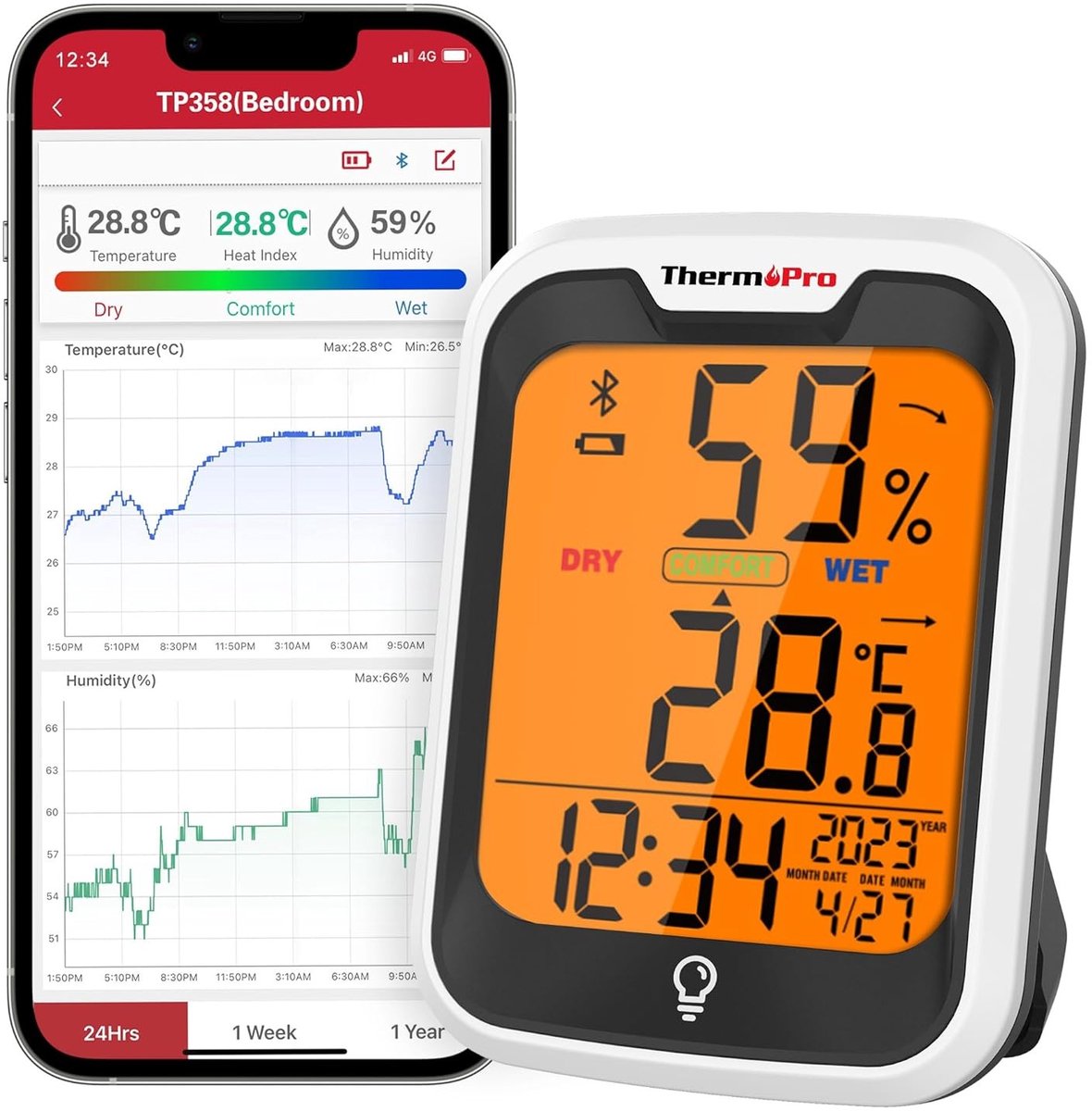 Bluetooth Hygrometer en Thermometer - Wit - Nauwkeurige Metingen - Nachtlampje - Voor Binnengebruik