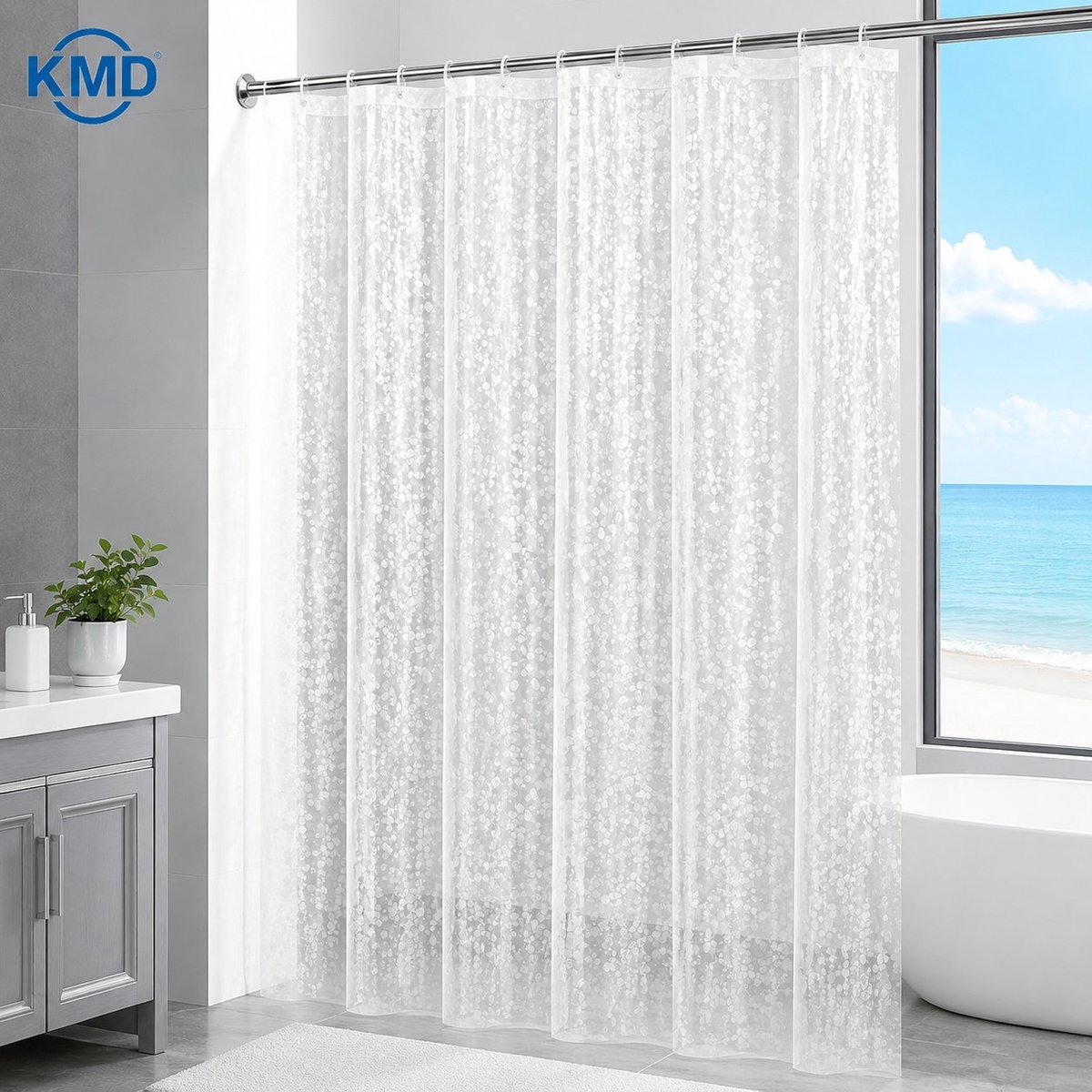KMD Douchegordijn EVA Waterdicht Schimmelbestendig 240 x 200 cm, Badgordijn Doorzichtig 3D Kiezelstenen Effect met 16 Ringen voor Douche en Bad