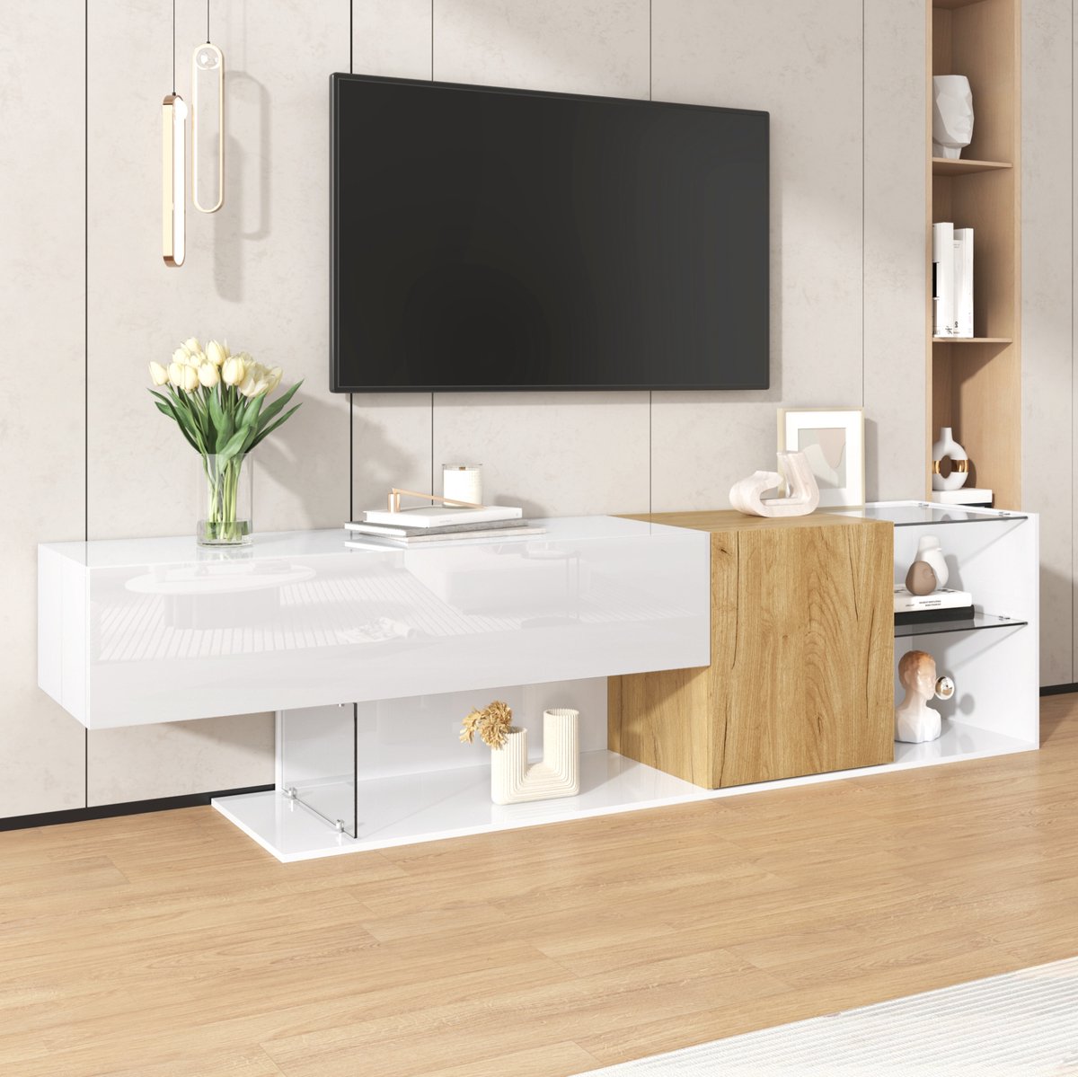 MEUNIQ TV-meubel 180 x 38 x 48 cm met 2 deuren, glasplanken en opbergruimte, wit hoogglans met houtlook, modern dressoir voor woonkamer