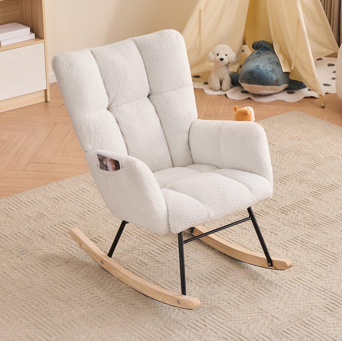 STILVORA Schommelstoel - 80 x 70 x 95 cm - Gecapitonneerde Teddy Fauteuil Met Armleuningen - Voor Woonkamer En Slaapkamer - Stof Wit