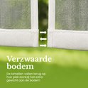 Gedetailleerde foto van de verzwaarde onderkant van een witte lamellenhor met pijlen die de sluiting aangeven.