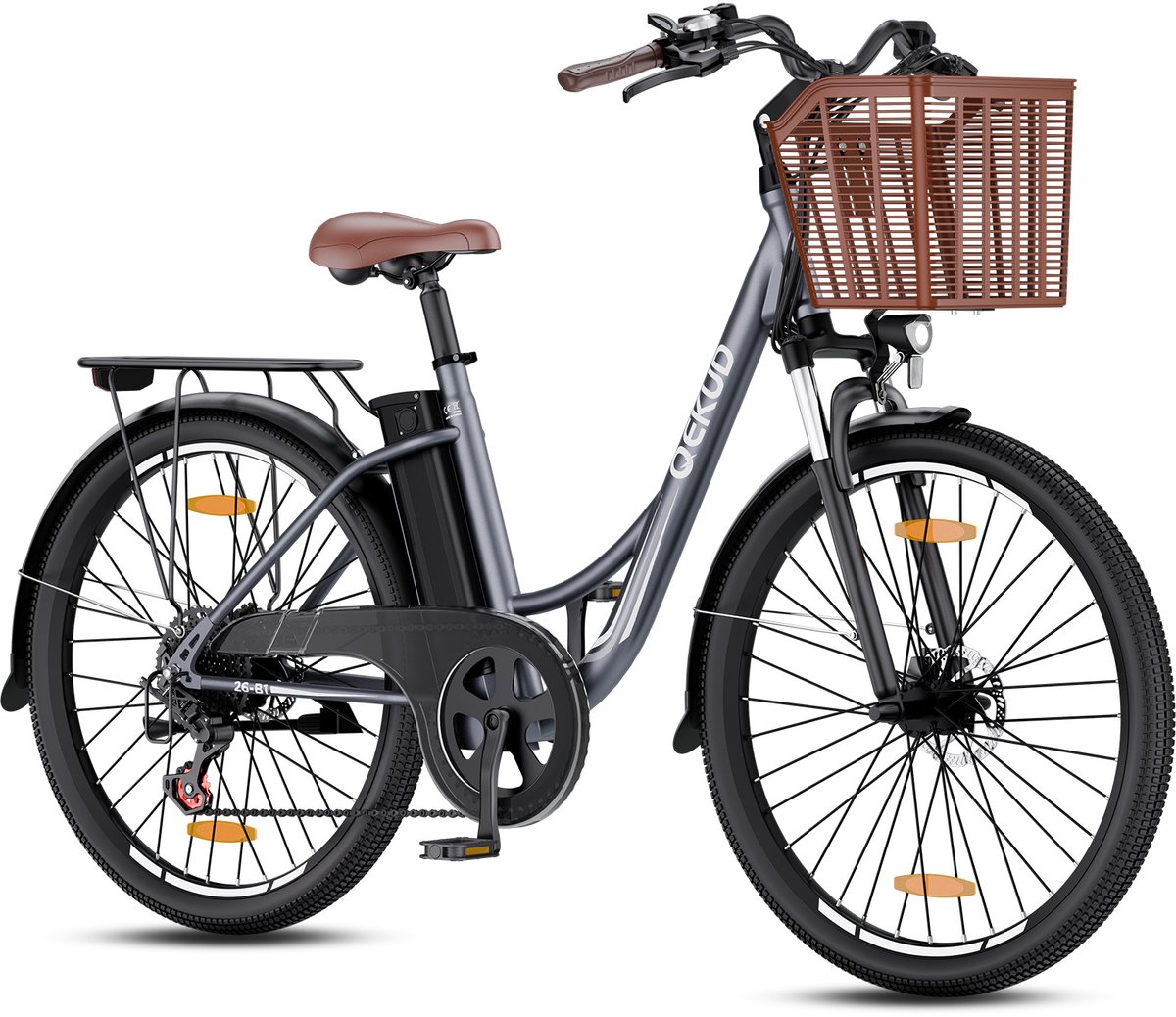 Qekud 26-B1 Elektrische Citybike – 250W Motor, 36V 13,5Ah Accu tot 80km, 7-versnellingen Shimano, Schijfremmen, LCD-Display – Grijs