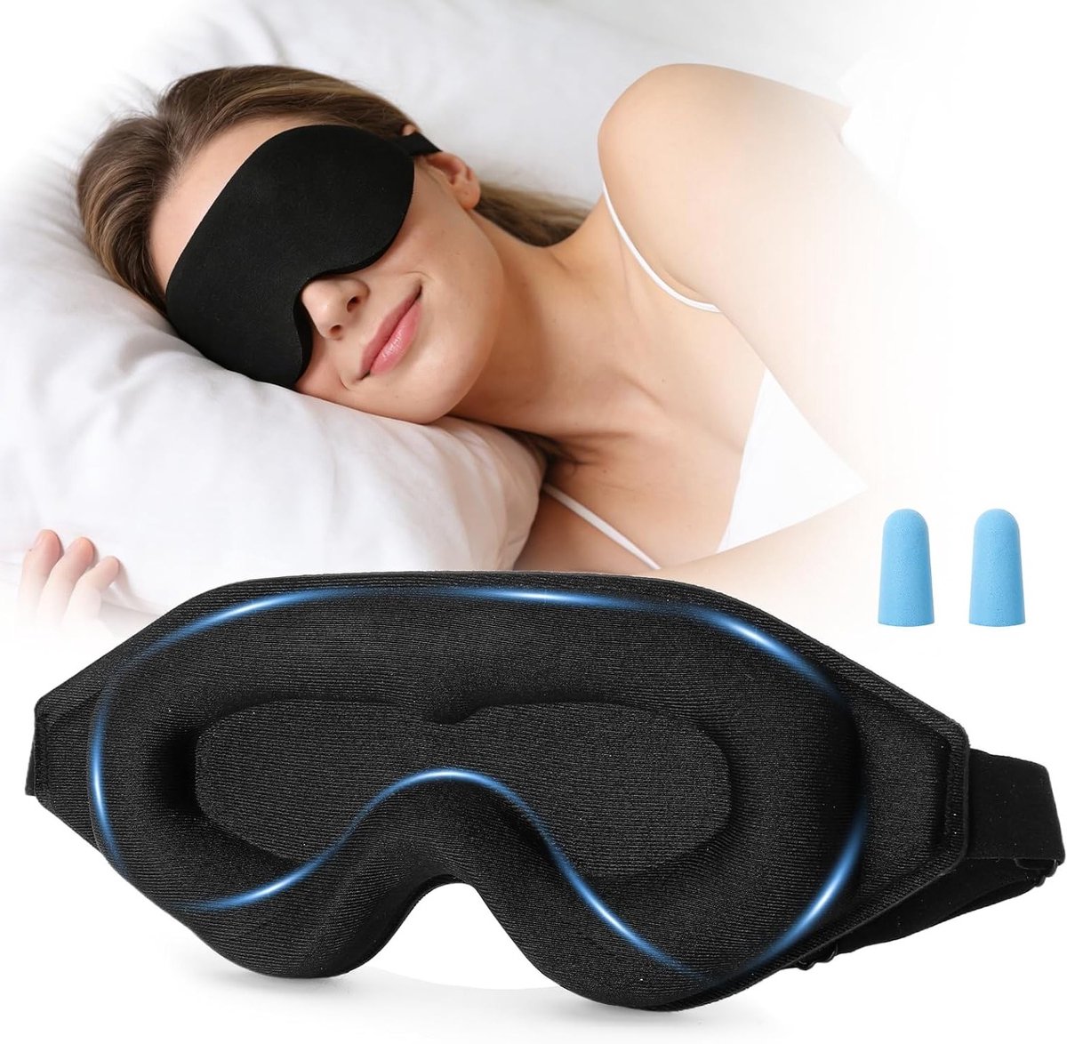 Slaapmasker voor zijslapers met 3D-oogkassen, verstelbare band en 2 paar oordopjes, ideaal voor lichtblokkering, ademend en comfortabel slapen