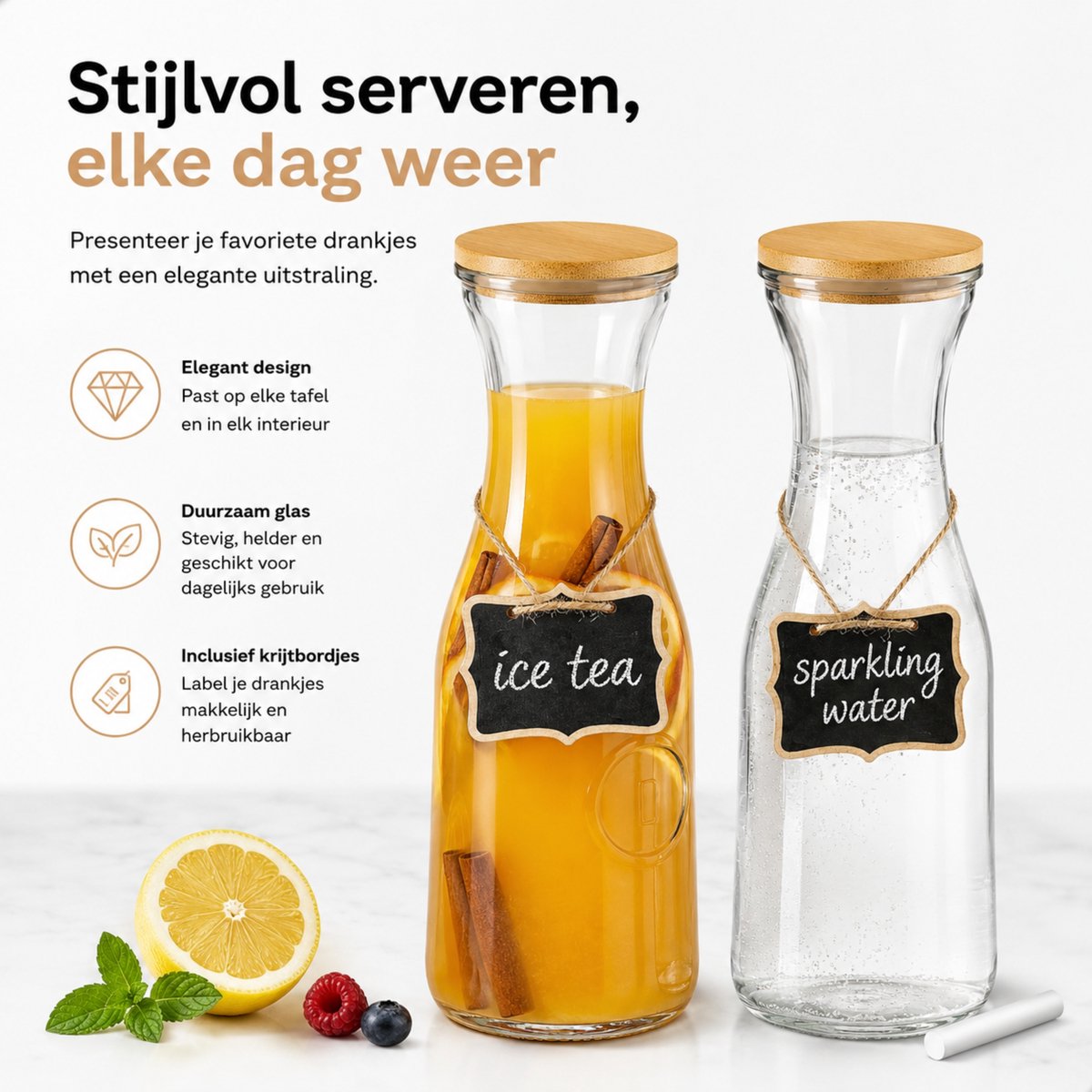 Boncy® Glazen Karaf - Set van 2 - Waterkan met Bamboe Deksel - Waterkaraf 1 Liter - Schenkkan van Glas - karaffen Water Kan Carafe — cadeau in Koken & Dineren - foto 2