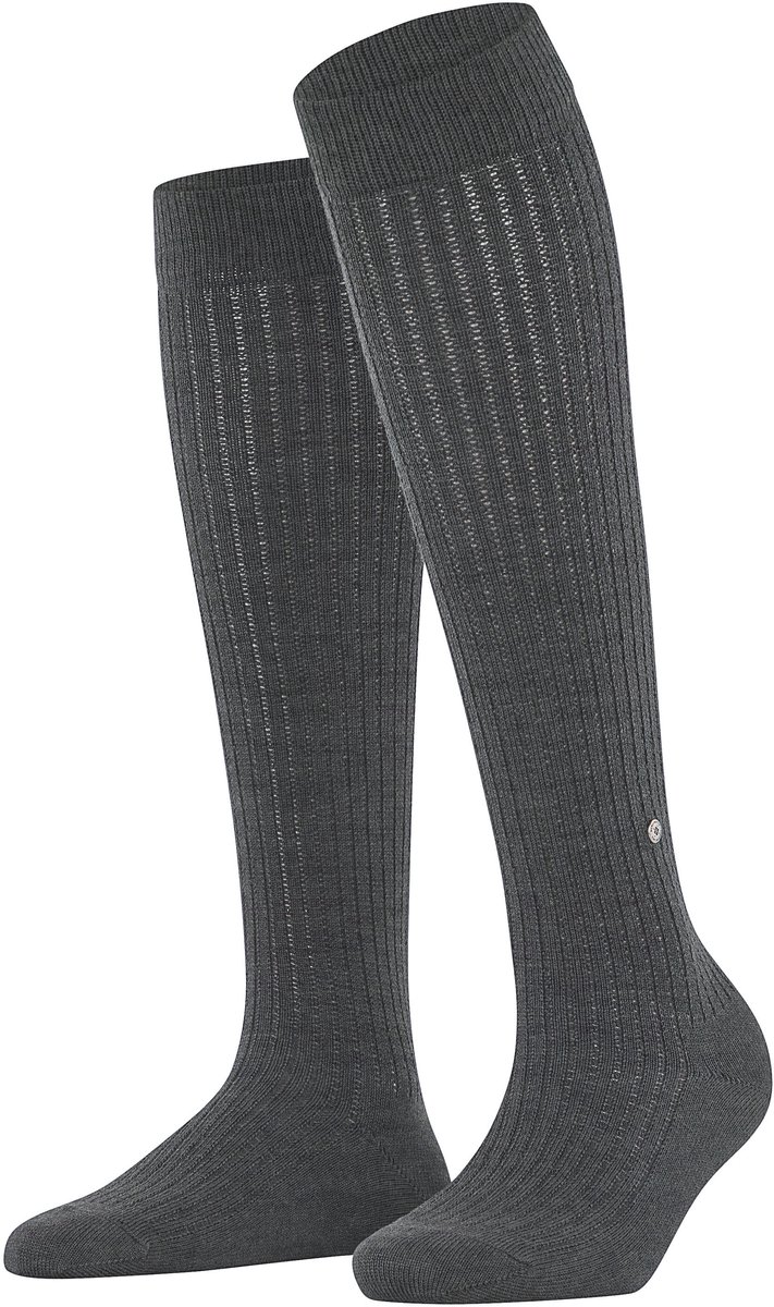 Burlington Loom lang eenkleurig wol katoen kniekousen dames grijs - maat 36-41