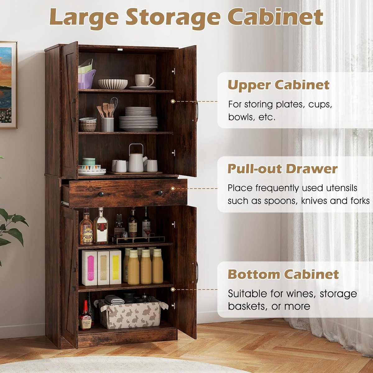 Hoge keukenkast - Voorraadkast - Keuken organiseren - 4 deuren en lade - 77 x 39 x 183 cm - Bruin — cadeau in Cadeau-ideeën - foto 4