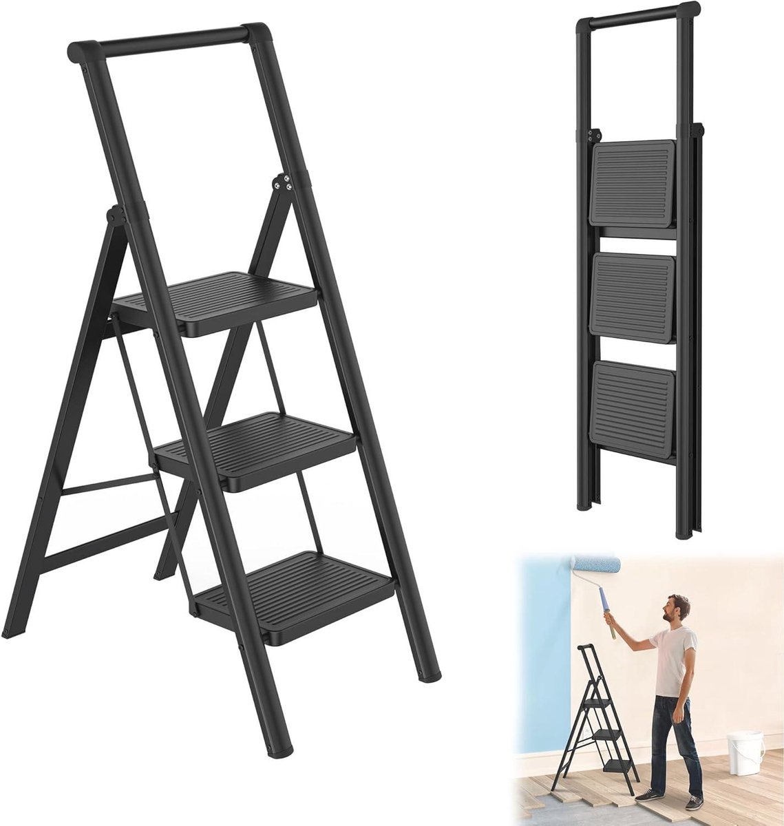 Inklapbare trapladder - Huishoudladder opstapje - Veilig klussen thuis - Breed antislip pedaal - Tot 250 kg - Zwart