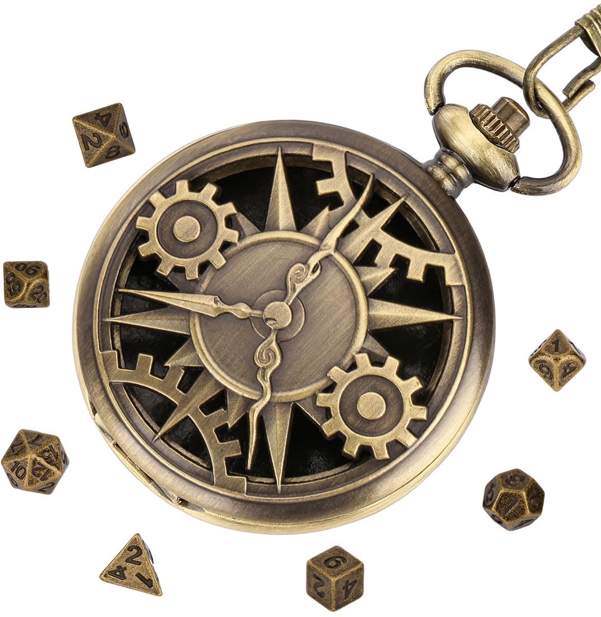 DND dobbelstenen set 7-delig - polyhedraal metaal - bronskleurige steampunk behuizing - perfect voor tabletop spellen - ShopVlot
