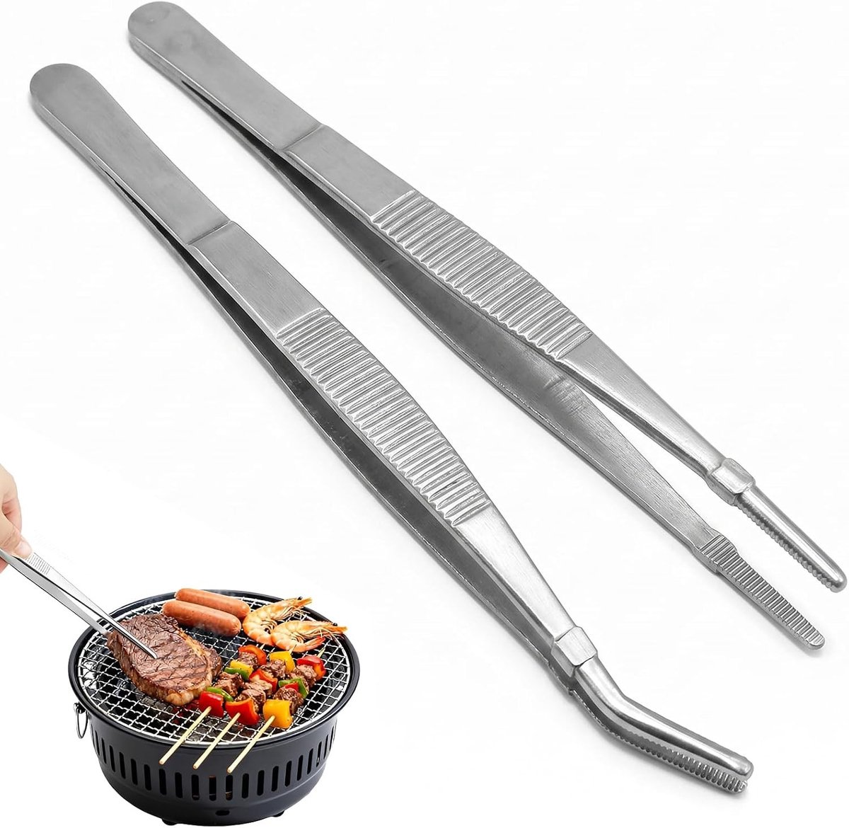 Set van 2 RVS Keukenpincetten (20 en 25 cm) - Professionele Recht en Gebogen Pincetten voor Grillen, Koken en Serveren, Ideaal voor Vlees en Groenten
