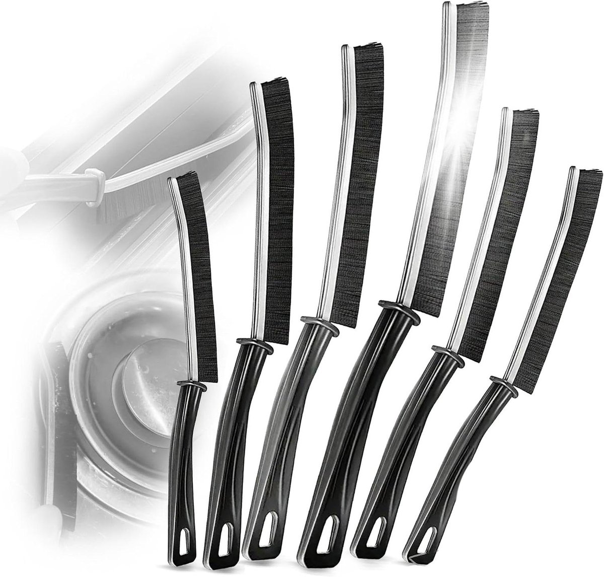 Voegenborstel Set - Nadenborstel Handvat - Dieptereiniging Tegels - Harde PET-Haren - 6 Stuks - Zilver Zwart