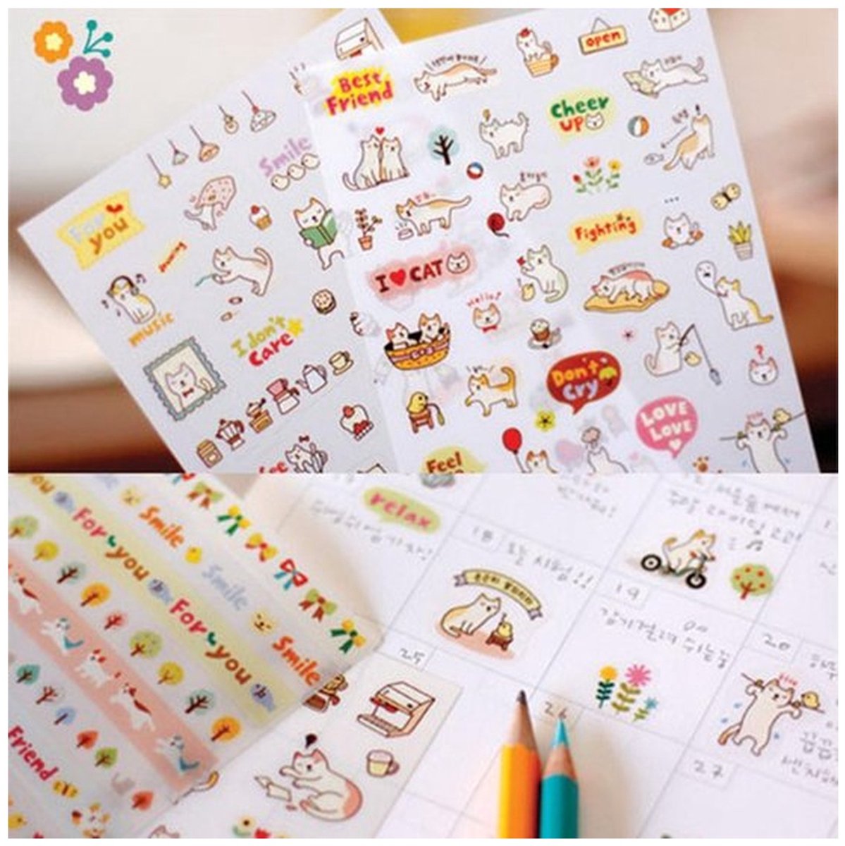 6 Vellen Kawaii Katten Stickers – Dieren, Bloemen & Teksten