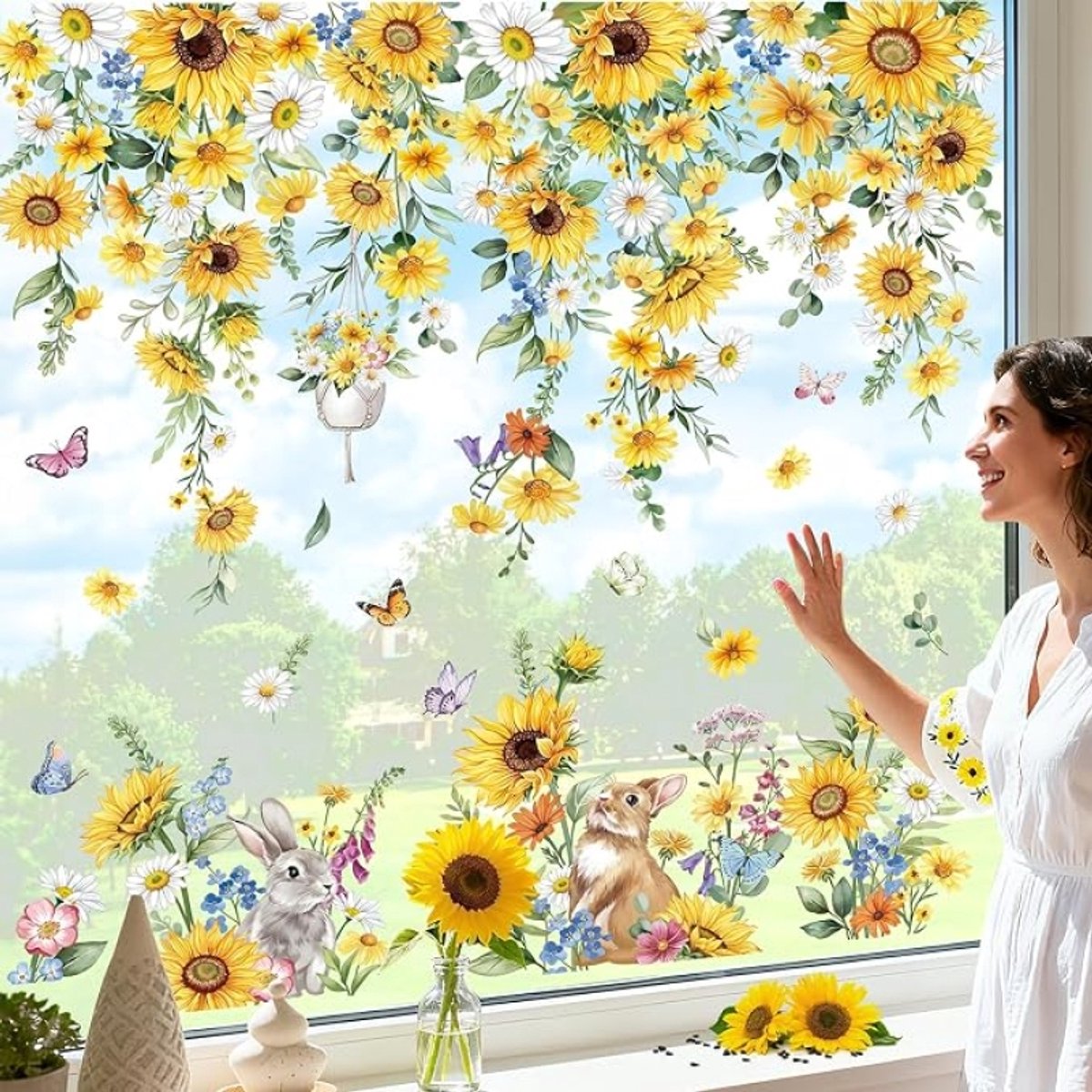 Zonnebloemen Raamsticker - Lente Zomer Hangende Wijnstok Daisy Bloemen Bladeren Glas Sticker - Anti-Collision Dubbelzijdige Statische Raamstickers voor Thuisglas