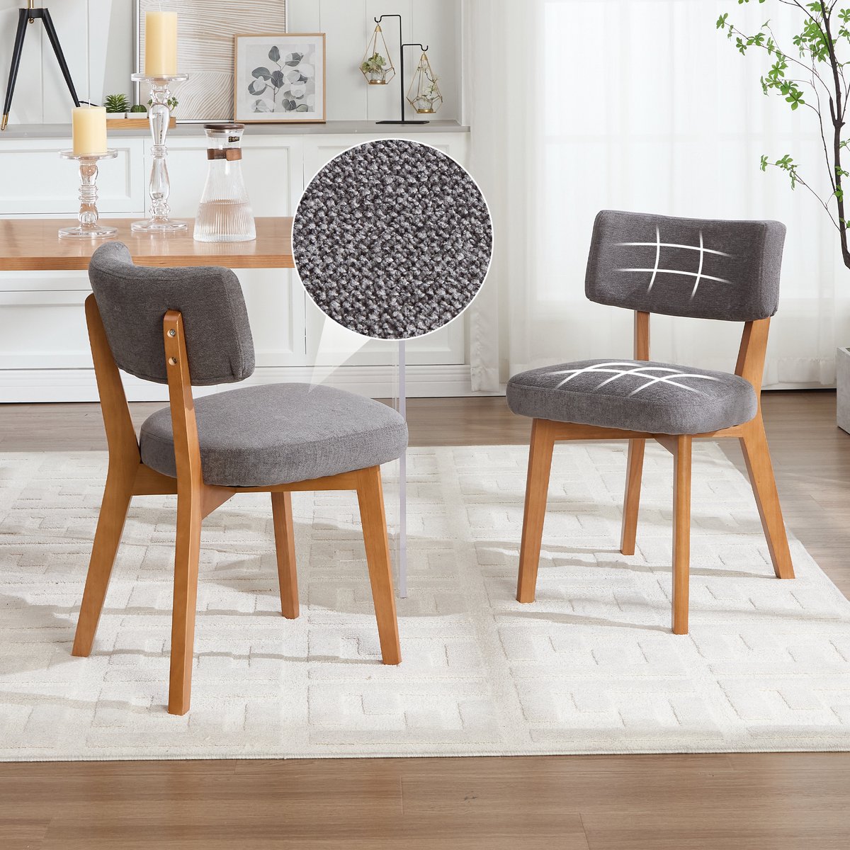 Wishdor Eetkamerstoel set van 2 - Mid-century stijl - Stoffen zitting - Houten onderstel - Grijs - 54,5 x 47 x 77 cm - Voor keuken, eetkamer of kantoor