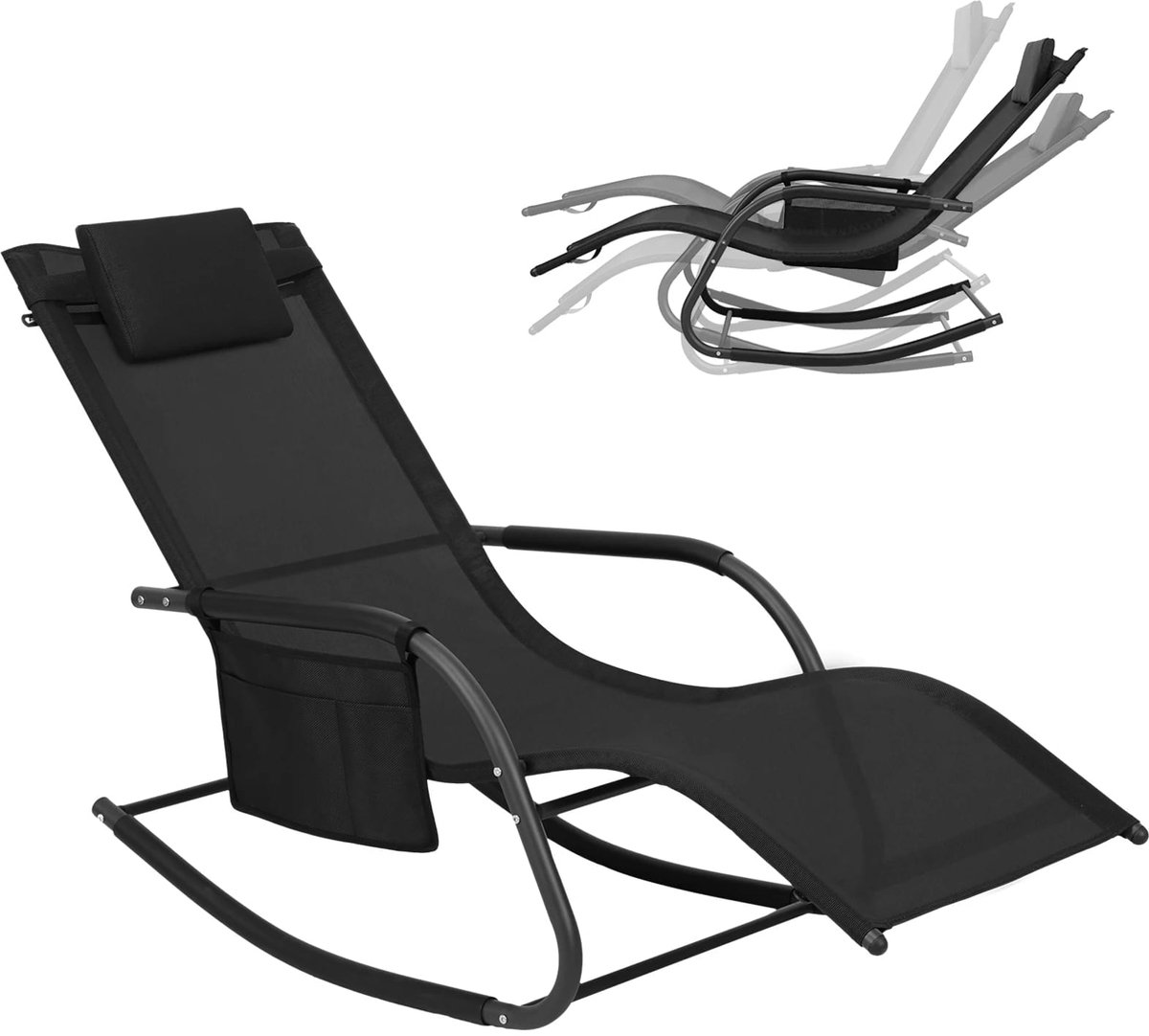 Tuinligstoel Schommelstoel Zwart - Ergonomisch ontwerp, Stabiel frame - B 152 x D 62 x H 83 cm