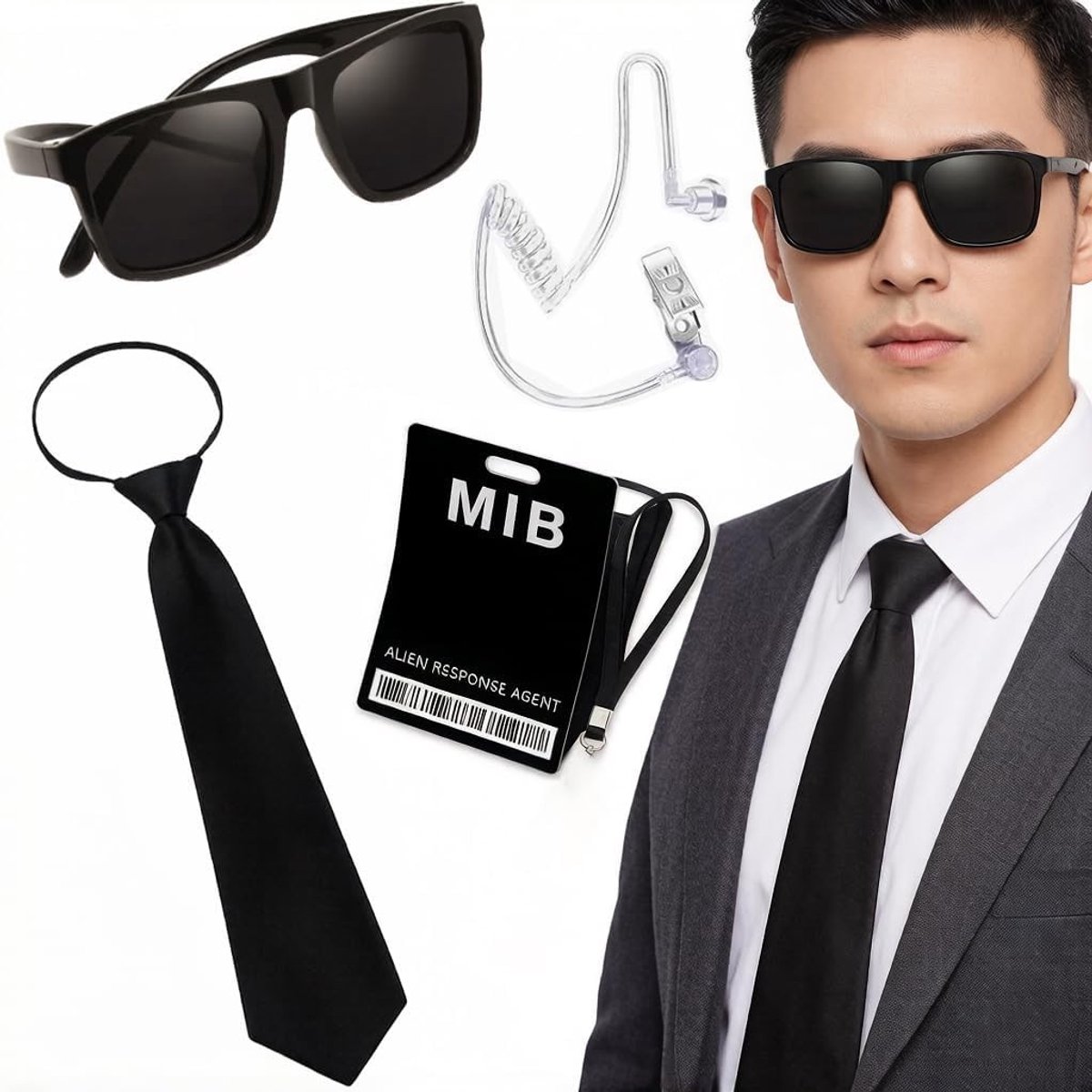 Kostuum Geheim Agent - Zwart - Compleet Kit 6PCS met Bril, Oortje en Identiteitsbewijs - Voor Volwassenen