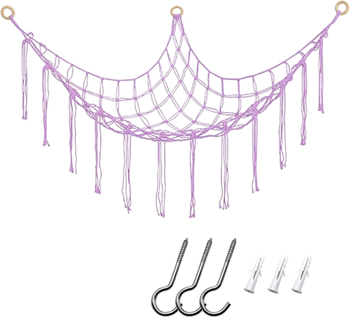 casalora Speelgoed Hangmat – Opbergnet voor Knuffels – Gevlochten Katoenen Opbergnet – 100 × 100 × 150 cm – Lichtviolet(Exclusief Knuffels)
