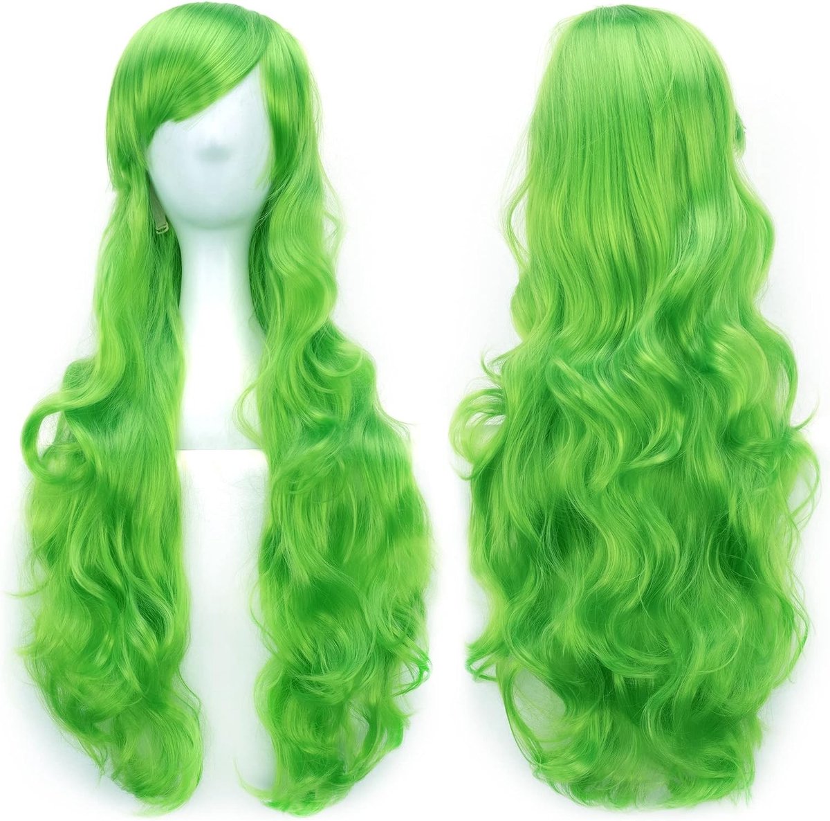 Lang 80 cm Krullend Natuurlijke Haar Cosplay Perucque met Pony voor Kleurige Halloween Kostuums en Feestjes voor Vrouwen (Appelgroen)