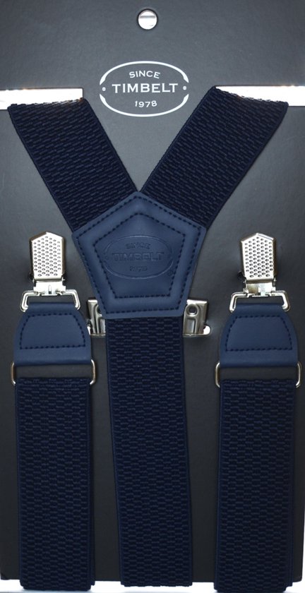 Donkerblauwe bretels met Y-vormige rug en zilverkleurige clips.