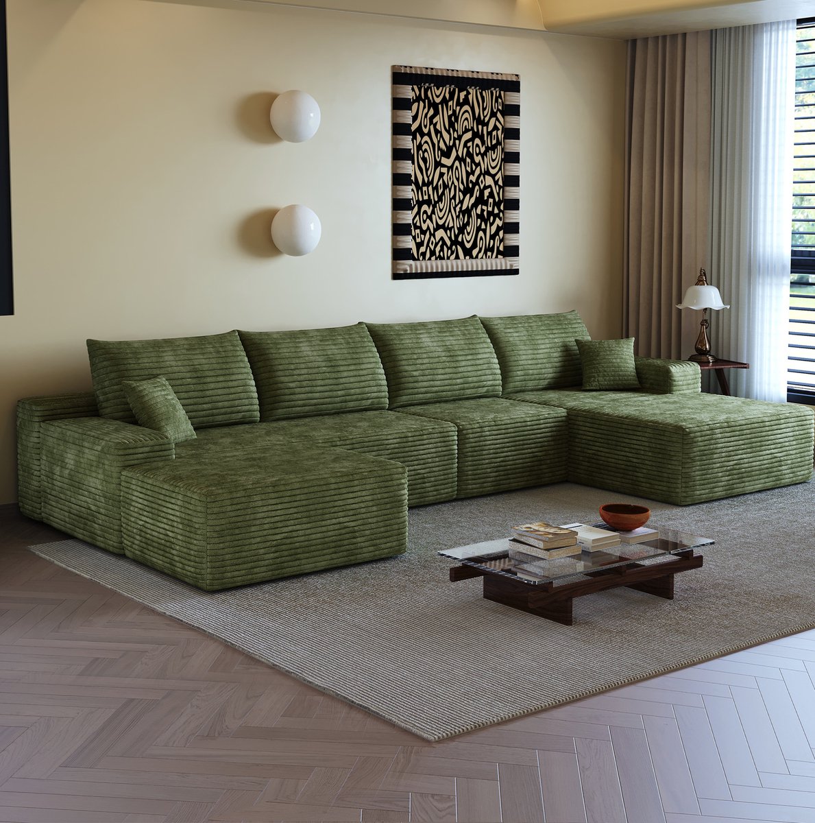 MODENUIT Hoekbank 340 cm - Modulaire L-vormige Chaise Longue - 5-zits Voor Woonkamer - Stof - Groen