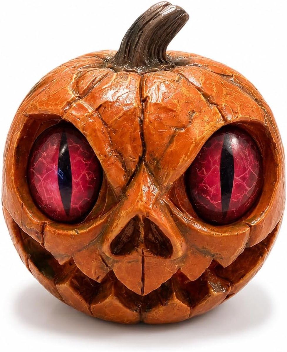 Casalora® Halloween Decoratie Pompoen – Resin Jack O Lantern Beeld met Kattenoog Design – Horror Tafeldecoratie voor Bureau, Plank, Mantel en Halloween Feest – Rood