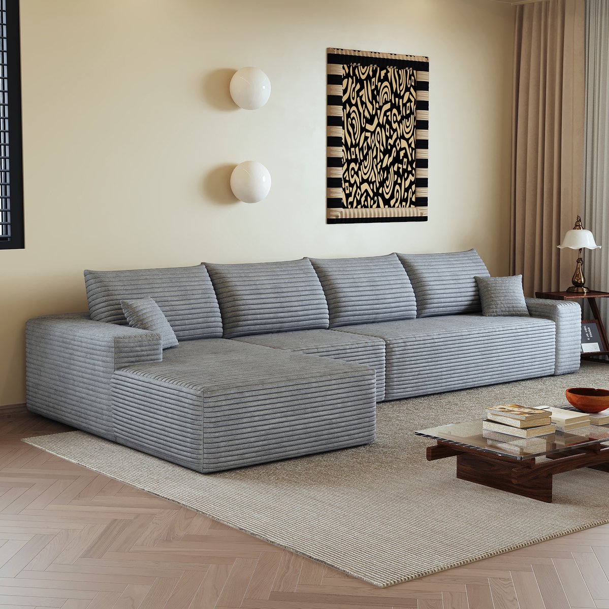 MODENUIT Hoekbank 340 cm - L-vormige Chaise Longue - 4-zits Voor Woonkamer - Corduroy - Grijs