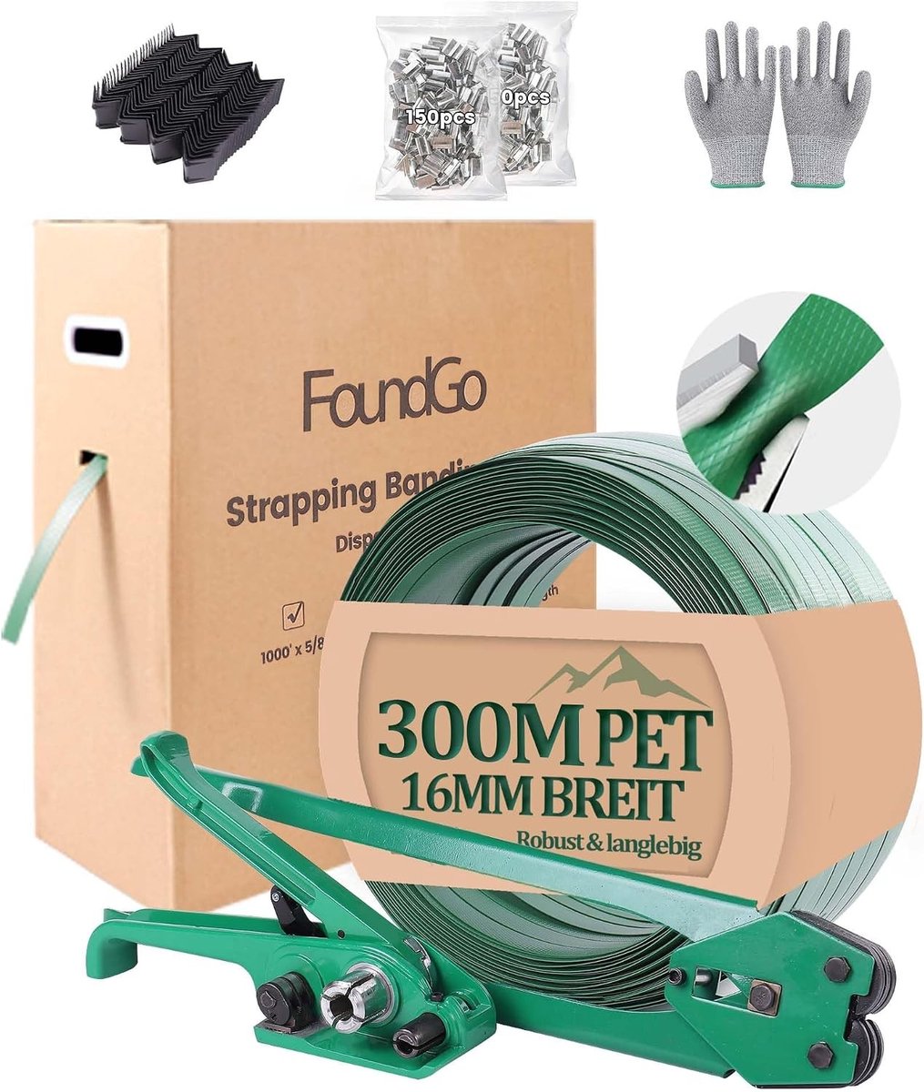 Handmatig sjorapparaat met 300 m PET sjorband, 680 kg treksterkte en accessoires voor verpakking, inclusief spanner, metalen sluitingen en hoekbescherming
