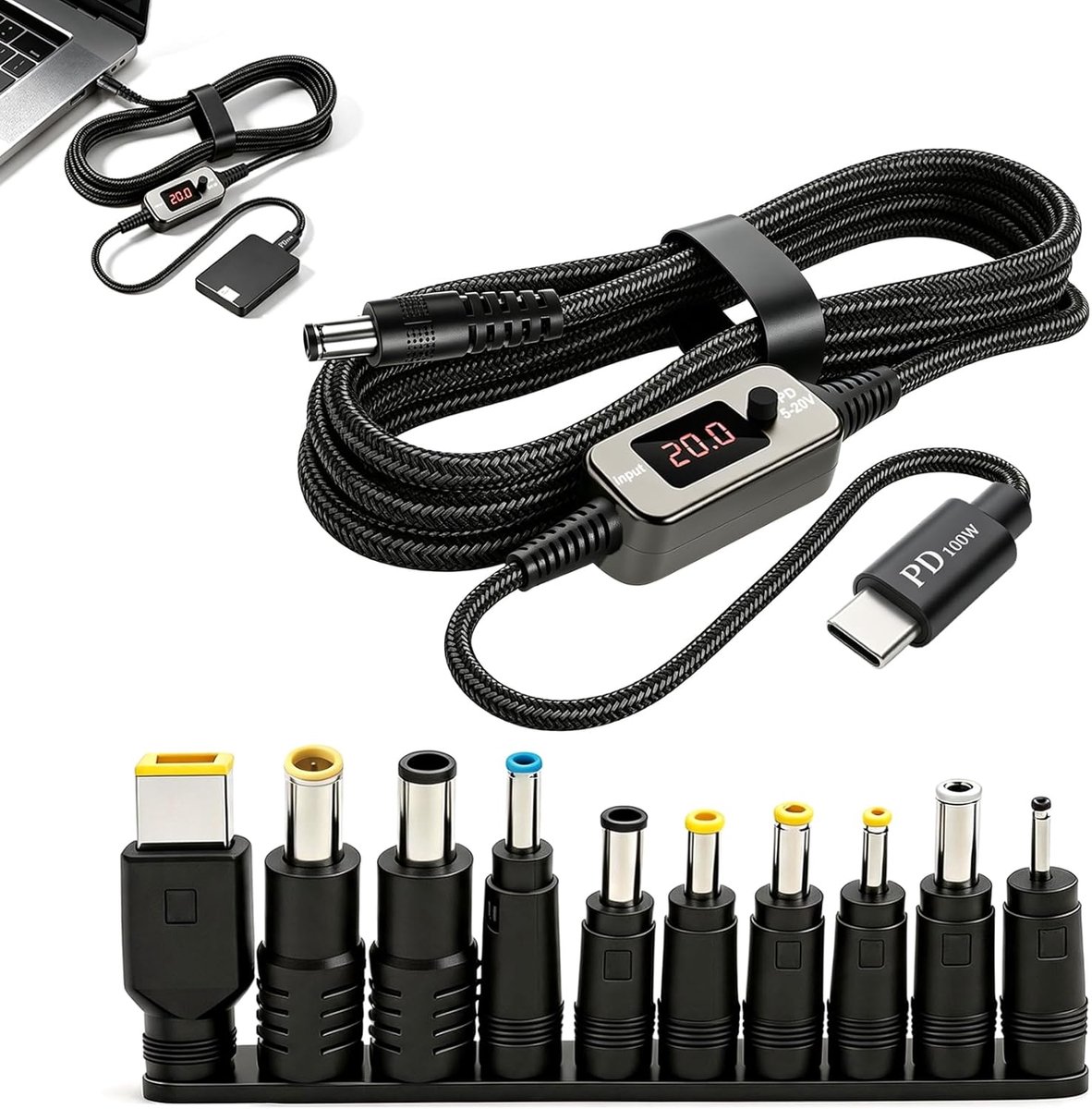 USB-C naar DC-adapter, hoog vermogen, 100 W, PD, spanningsomvormer met verstelbare spanning, 5 V/9 V/12 V/15 V/20 V - ShopVlot