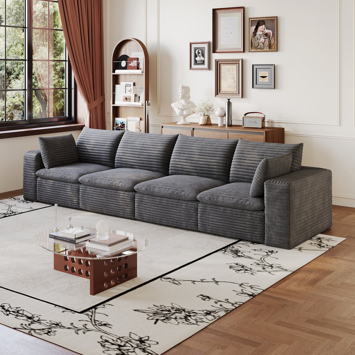 DESMIU Zitbank 340 Cm - 4-Zits Rechte Bank Met Afneembare Bekleding En Dubbele Laag - Voor Woonkamer En Lounge - Corduroy Stof - Donkergrijs