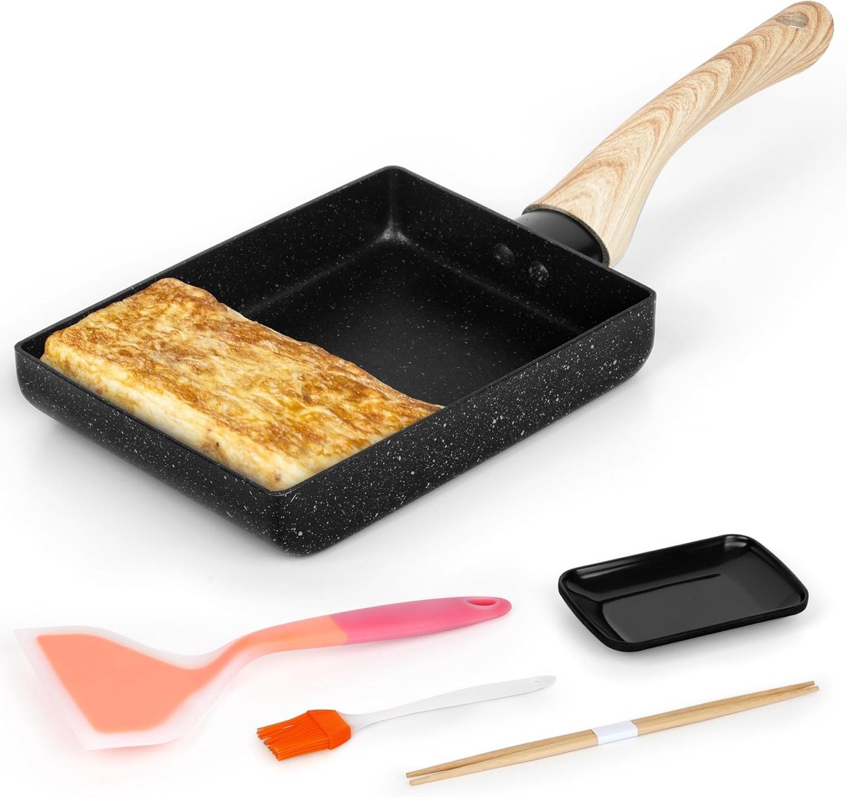 Shore Japanse Omelet Pan - Zwart - 13 x 18 x 3 cm - Non-Stick Kookpan met Houten Handvat - Voor Omeletten en Eierrolletjes