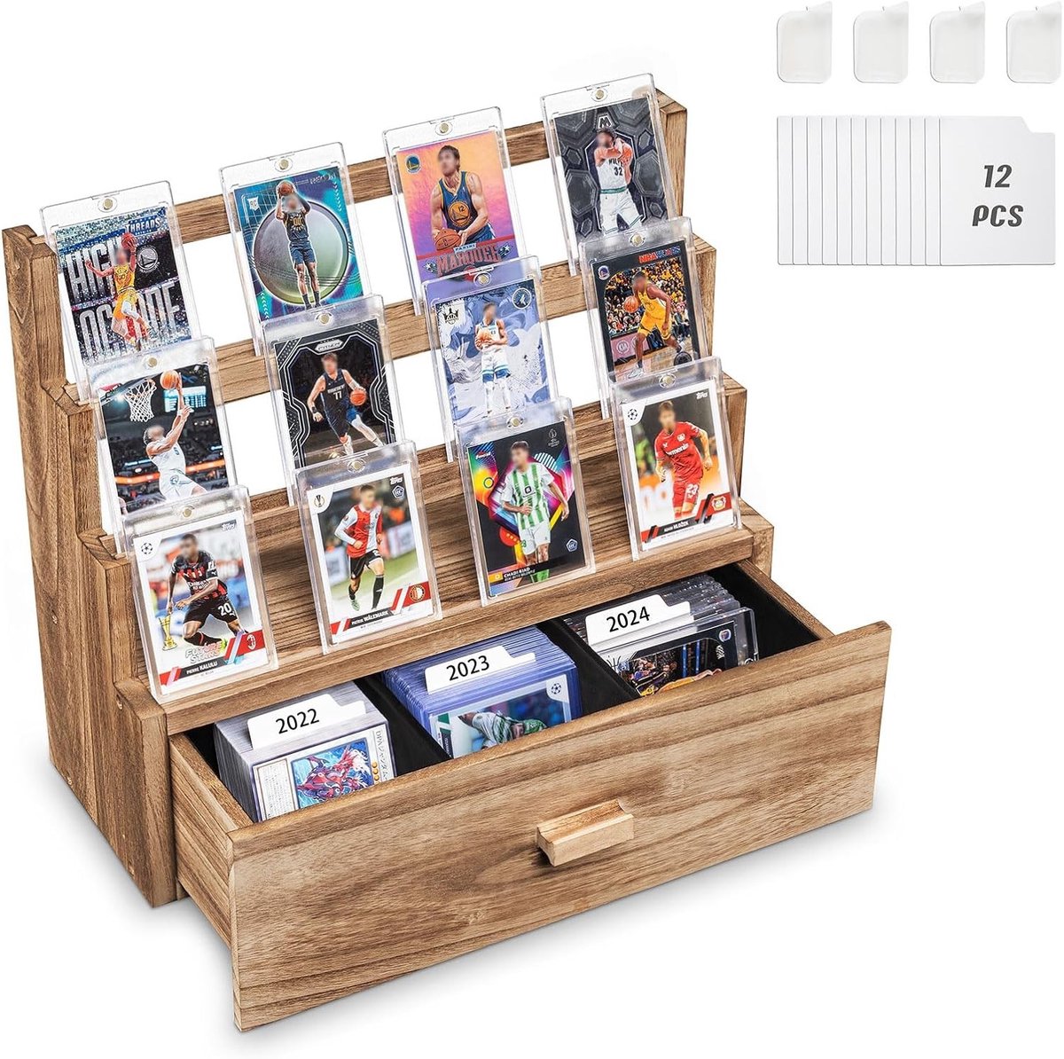 Houten Display voor Trading Cards, 3 Laags Opbergrek met Aangepaste Tray, Gegradueerde Kaartopslag met Kaarthouders en Scheidingswanden, Ideaal voor Sportkaarten en Verzamelen van Kaartspellen