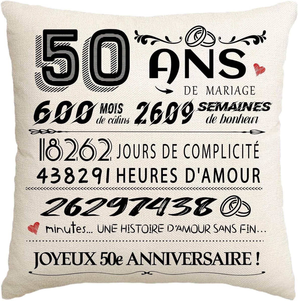 Pillowcase voor 50e Verjaardag, Cadeau-idee voor Vrouwen, Mannen en Vrienden - Kussenhoes 45 x 45 cm voor Moeder, Tante en Collega's