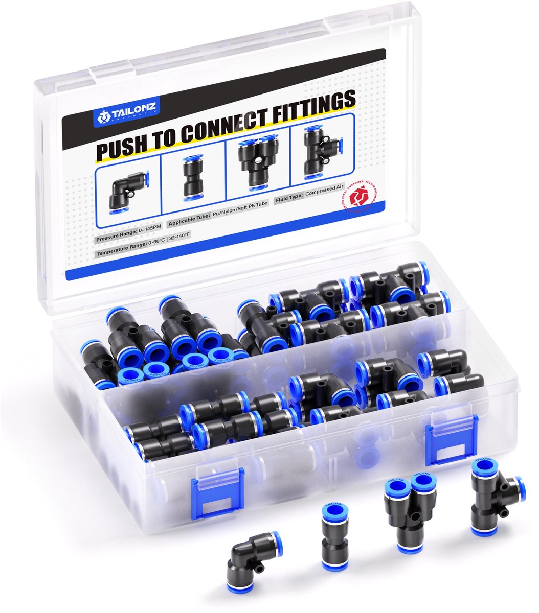 Pneumatische Fittingset 4mm OD - 10 Splitsen, 10 Bochten, 10 T-stukken, 10 Rechte - Ideaal voor luchtleidingen - ShopVlot