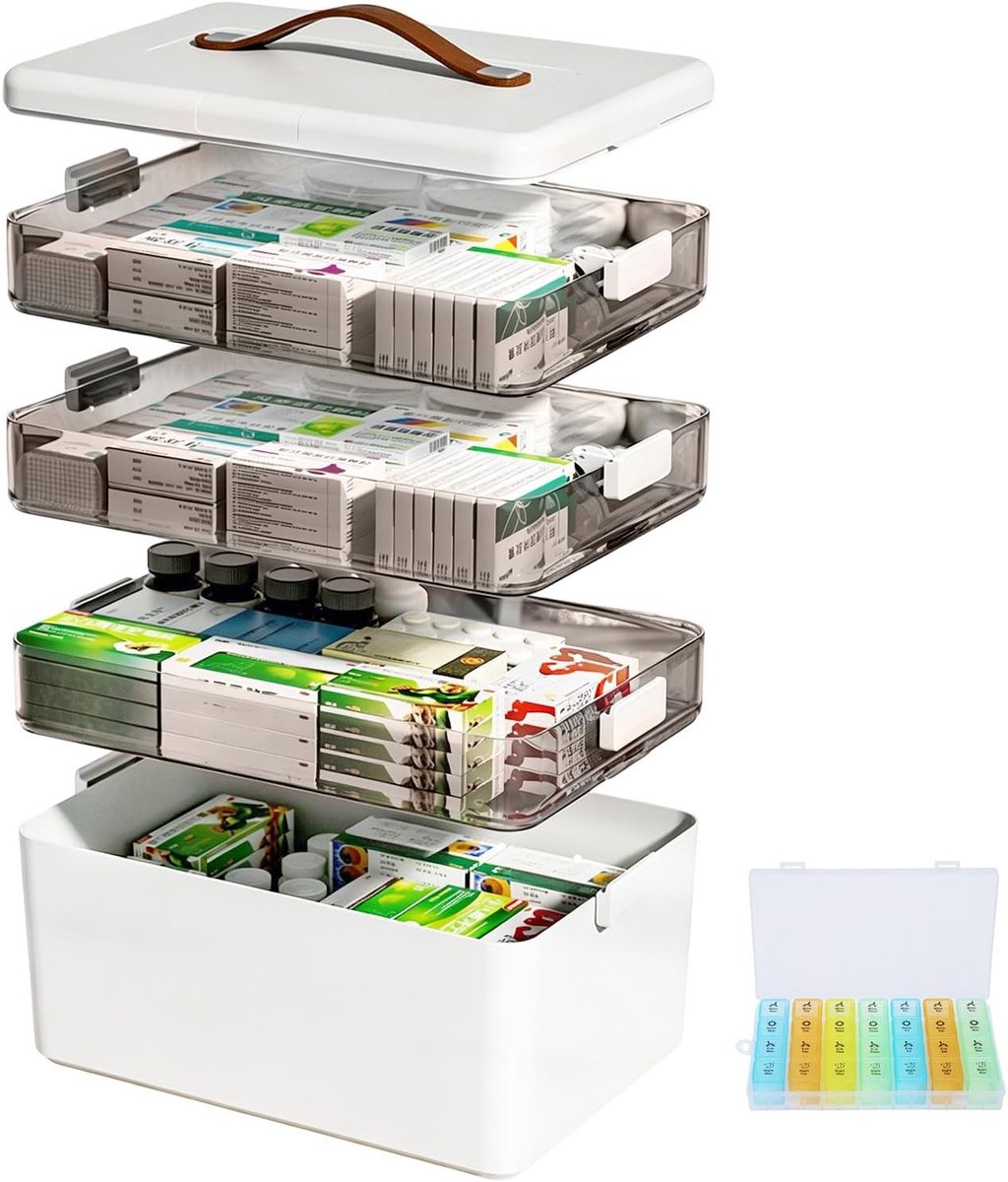 Gelaagde Medicijnopslagbox 34 x 31 x 22 cm met Draaghandvat, Organizer voor Eerste Hulp, Ideaal voor Thuis, School en Kantoor