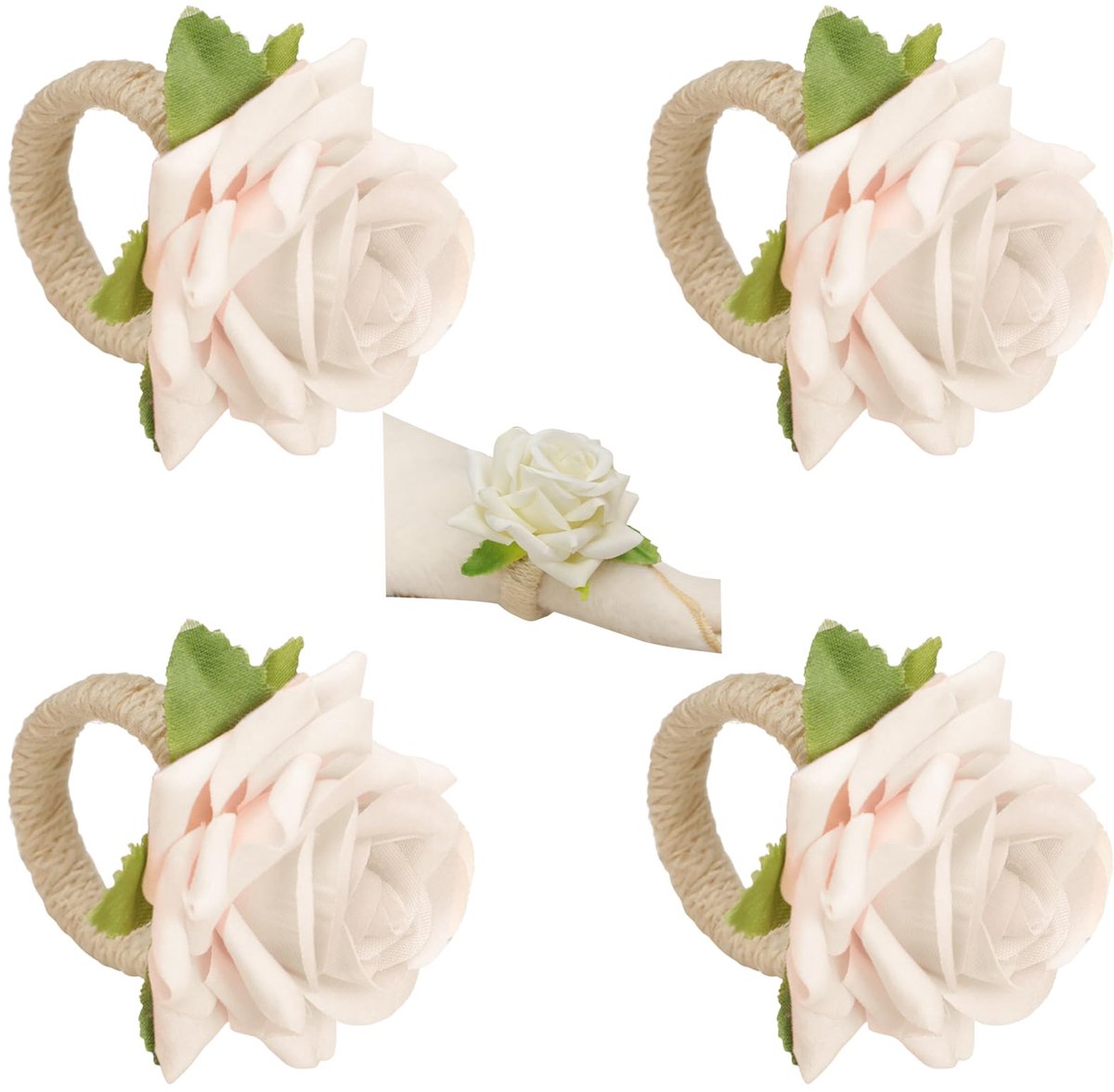 Set van 4 servetringen - witte roos en bloemen - handgemaakt - elegante tafeldecoratie voor bruiloften - ShopVlot