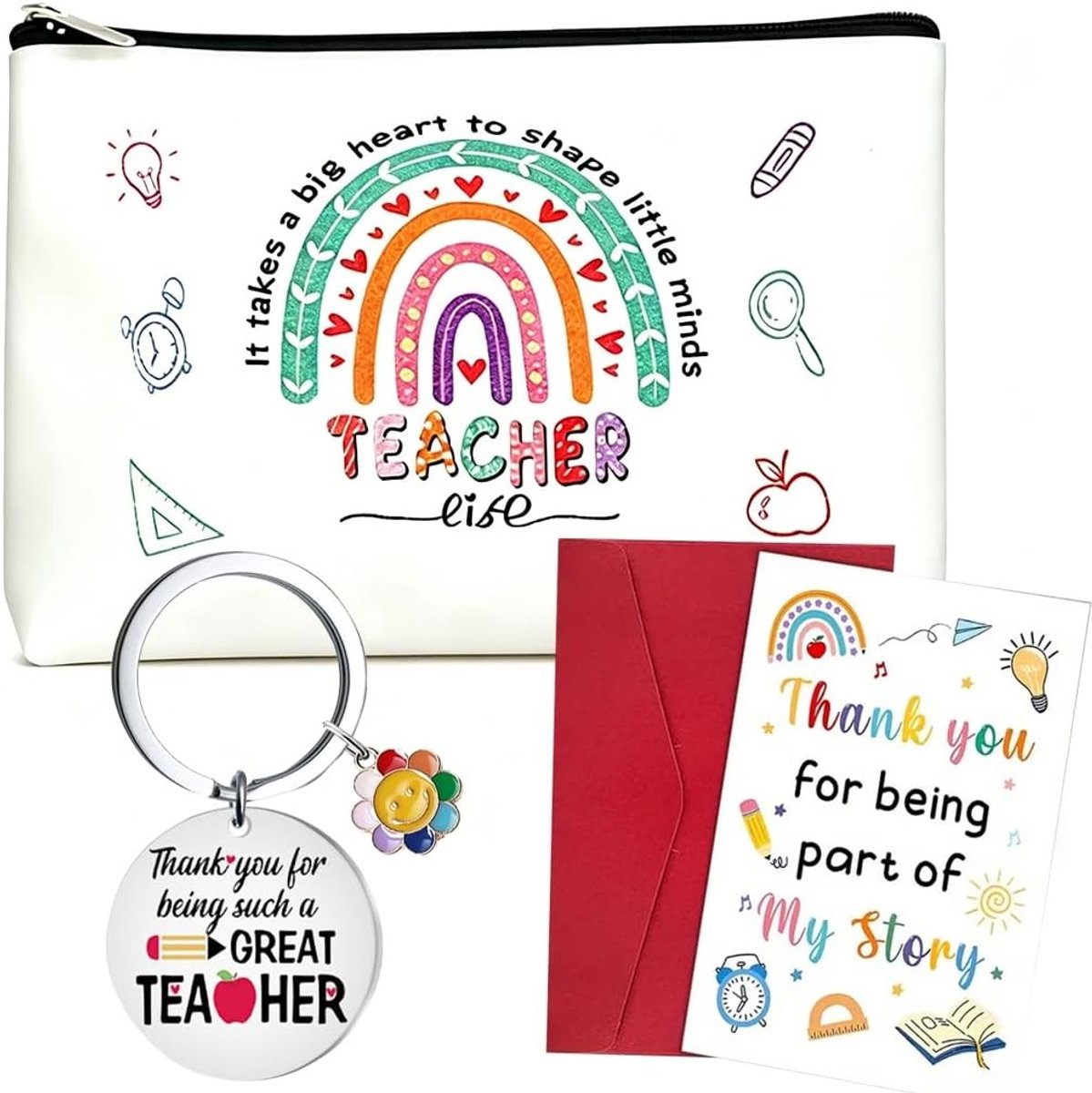 Set van 3 Bedankcadeaus voor Leraren, Cosmetica Tas, Beschermengel Sleutelhanger, Bedankkaart, Afscheidsgeschenk voor Onderwijzers, Verjaardag en Afstuderen