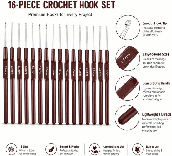 Professionele Haaknaalden Set van 16 Stuks van 0,5 mm tot 3 cm, Ergonomische Metalen Haaknaalden voor Haken, Breien en Handgemaakte Projecten — afbeelding 2