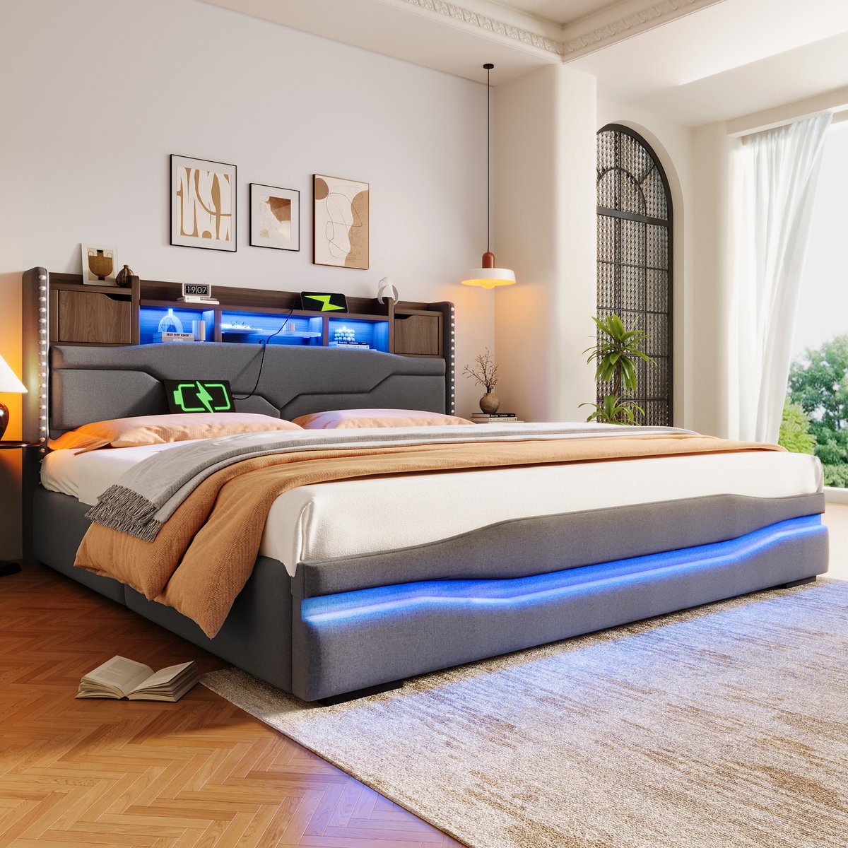 Wishdor Bedframe 180x200 cm - Met opbergruimte en LED verlichting - USB-C en stopcontact - Grijs - Metalen frame en stof