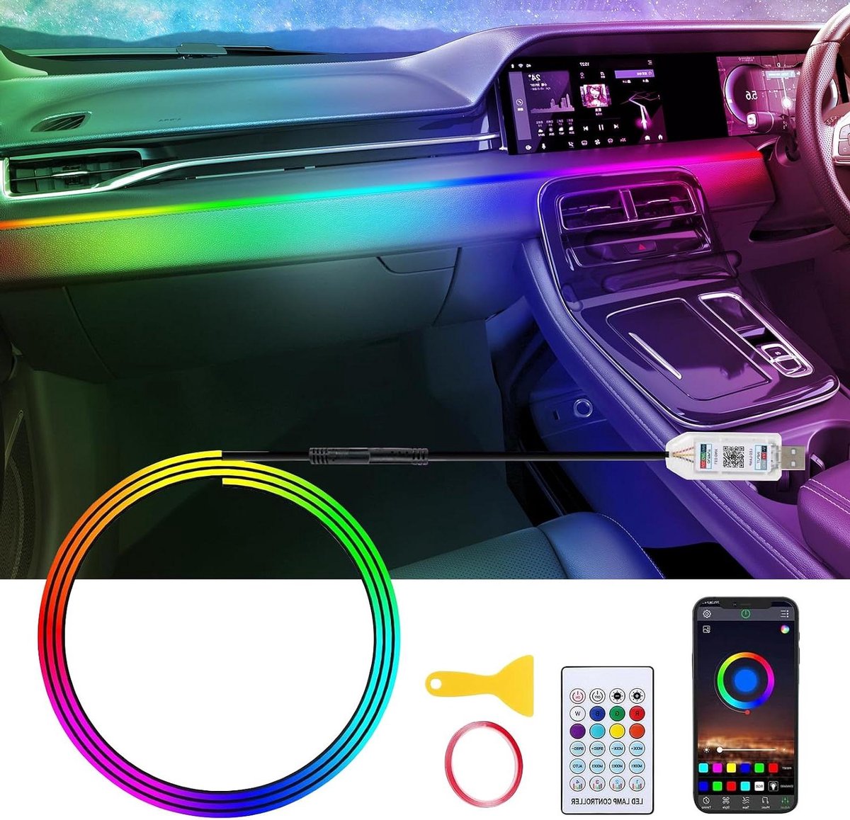 Auto Binnenverlichting - Sfeerverlichting LED - Auto Decoratie - App Bediening Muziekritme - 110 cm - Meerkleurig