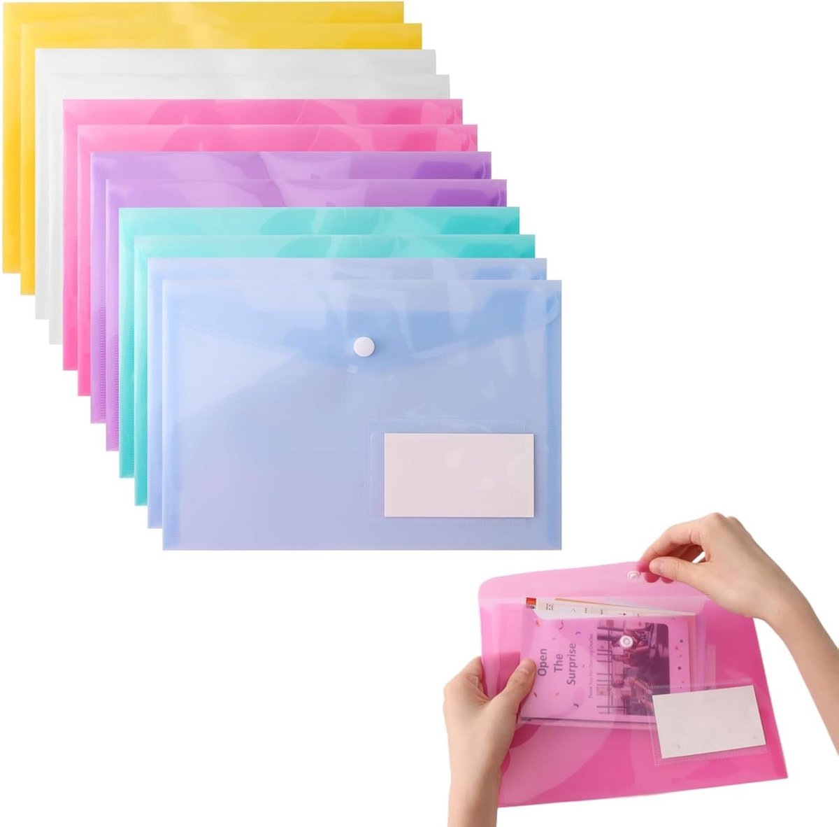 Set van 12 A5 documentcompartimenten, opbergfolders van 24 x 17 cm, waterdichte verzamelmappen met drukknopen en labelzakken voor optimale organisatie en zichtbaarheid