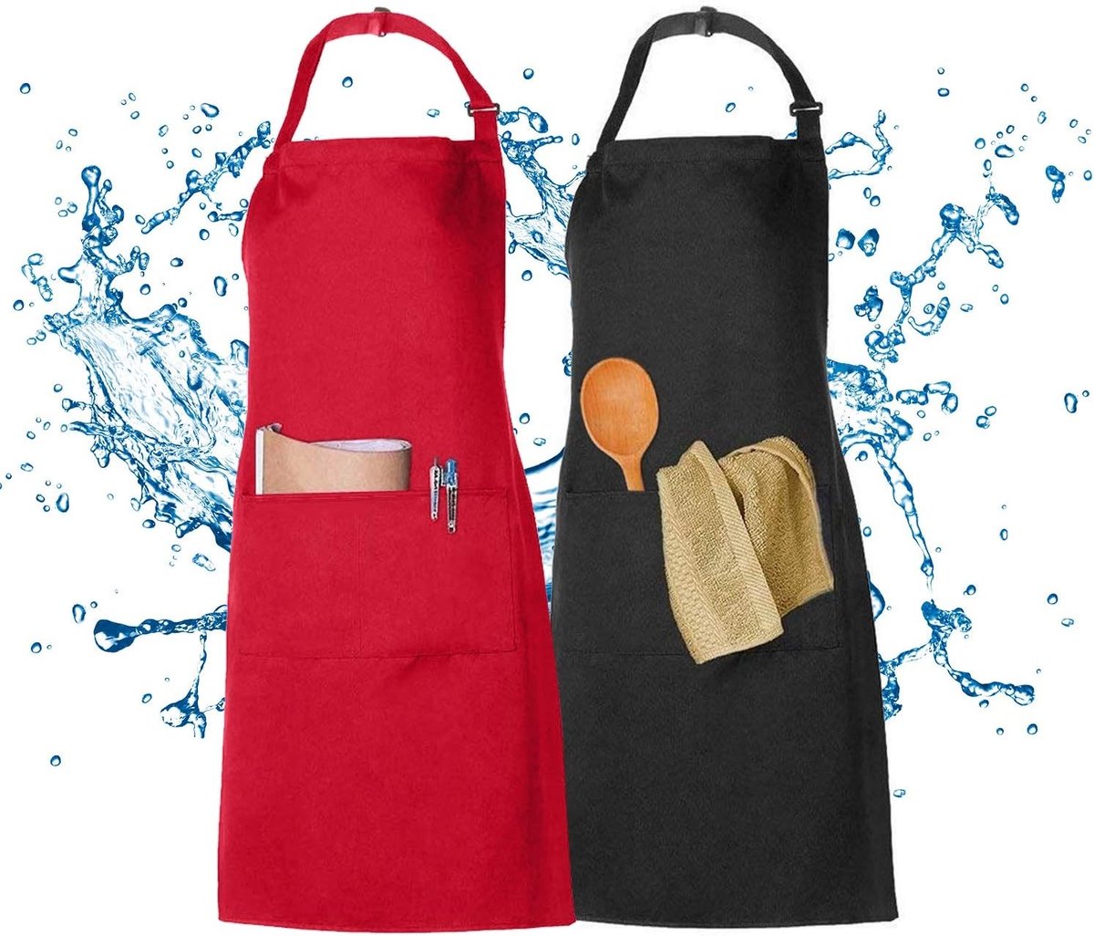 2-Pack Keuken Schort voor Volwassenen, Waterdicht en Verstelbaar, Rood en Zwart met Zakjes, Ideaal voor Koken, Catering en Barista Gebruik