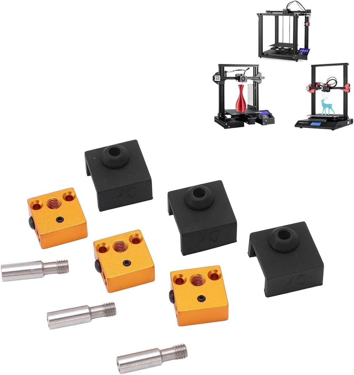 Verwarmingsblok van Aluminium met RVS Throat en Siliconesok - 3 Sets voor Ender 3, CR10, S5 - Efficiënt en Veilig Hoge Temperatuur 3D Printen