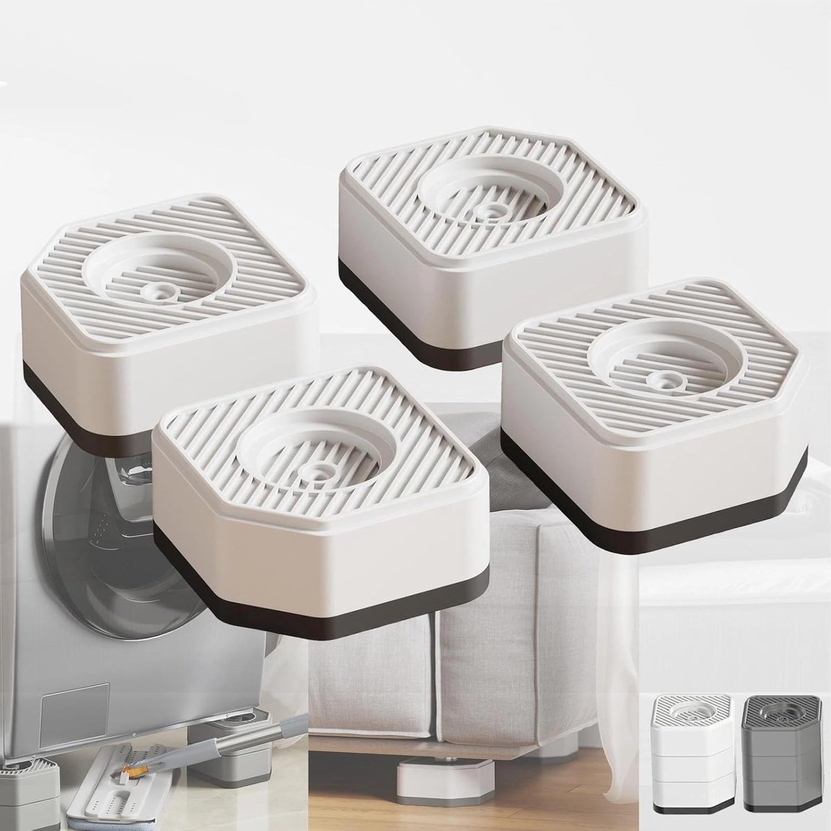 Set van 4 witte trillingsdempers voor wasmachines en koelkasten, anti-trillingsvoeten, hoogte 4,5 cm, stapelbaar onderstel, vermindert geluid en trilling, ook geschikt voor meubels en apparaten
