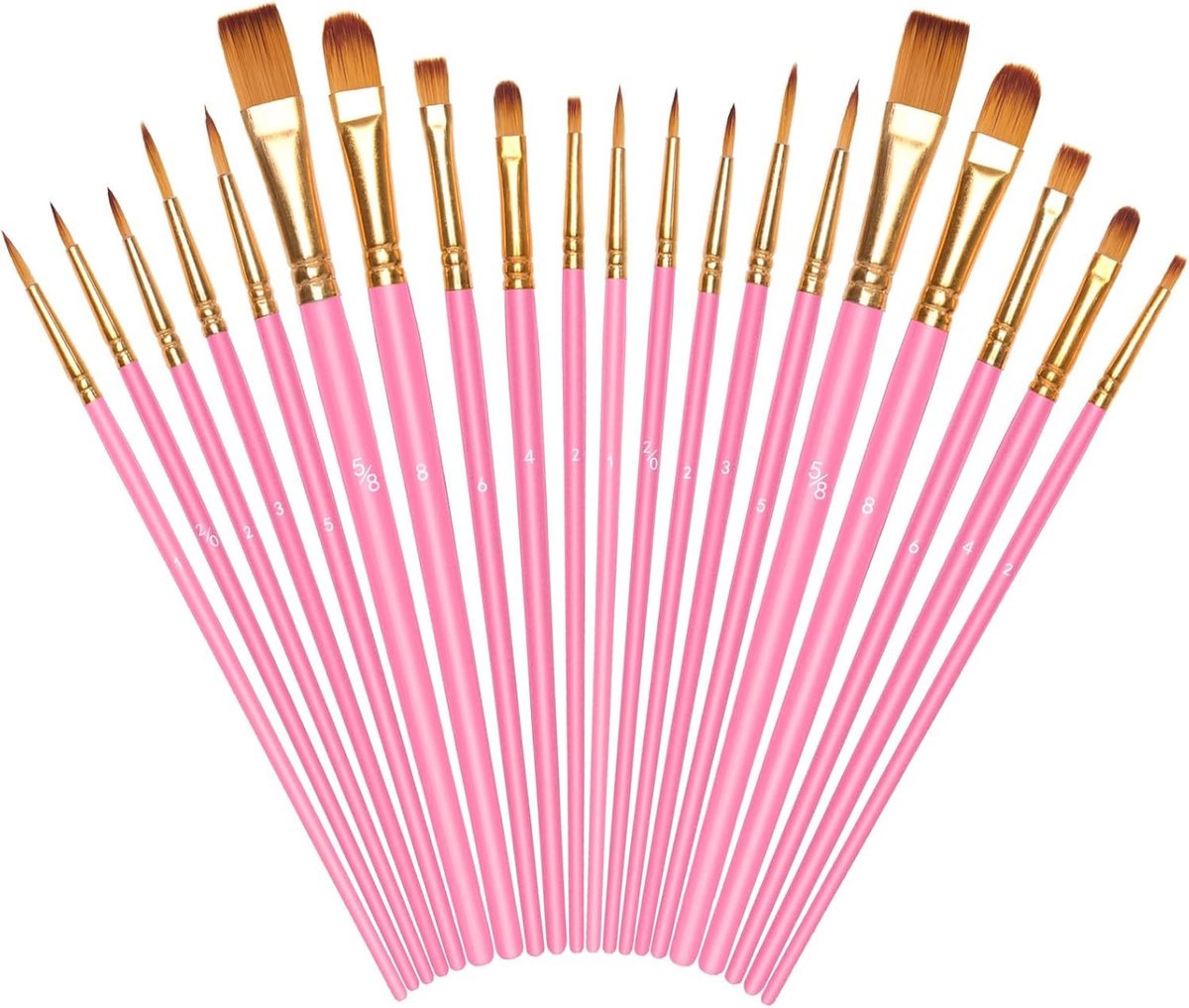 Professionele Kwasten Set van 20 Stuks met Nylon Haren voor Acryl, Olieverf, Waterverf en Gouache Schilderen - Roze Kleur